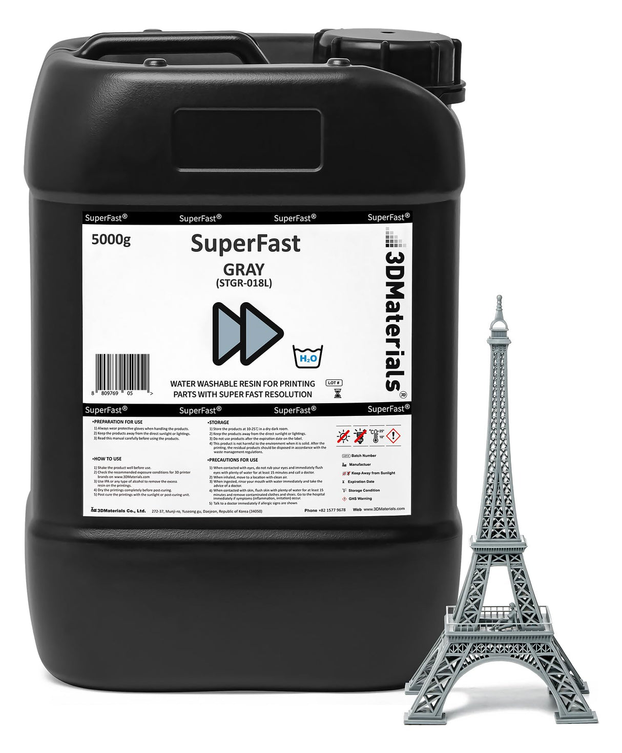 SuperFast 4K 3D Printer Resin Water Washable, 50um Print in 0.6 sec, Made in Korea by 3DMaterials (5000g, Grey) 3DMaterials