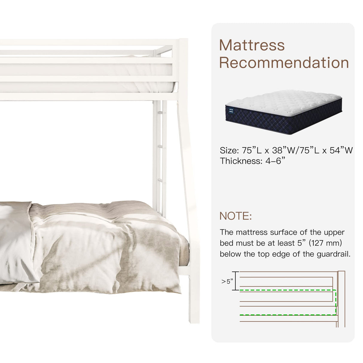 ikalido Metal Loft Bunk Bed Twin Over Full Size with Safety Guardrail and Ladder, No Box Spring Needed Space Saving Bedroom Furniture, Cream White ikalido