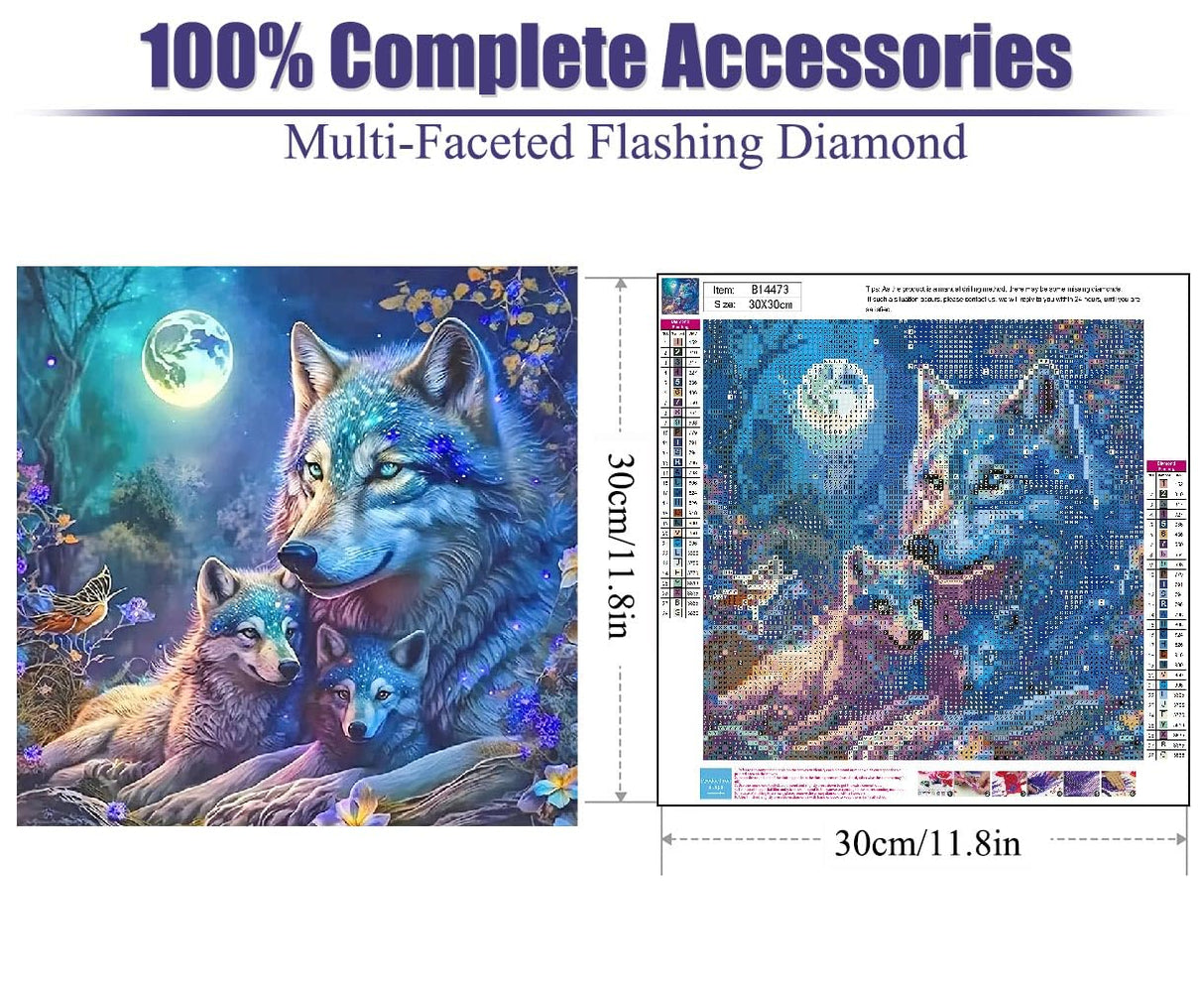 BOHADIY 5D Wolf Diamond Painting Kits for Adults Beginners, Moonlight Diamond Art Kits, Full Drill Crystal DIY Round Night Moon Wolf Family Paint with Diamonds Gem Art Home Wall Decor 12×12 Inch BOHADIY