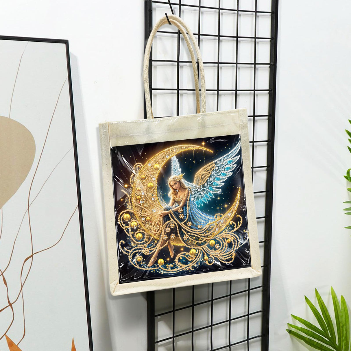 DoxQcs Diamond Art Painting Tote Bag Kit, Shoulder Bags 5D DIY Handbags Reusable Shopping Bags with Handles for Women-Moon Angel DoxQcs