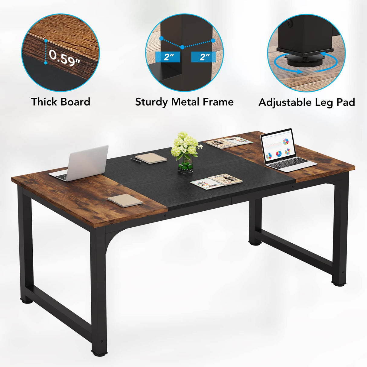 LITTLE TREE 63 Inch Large Executive Computer Office Desk, Brown+Black LITTLE TREE