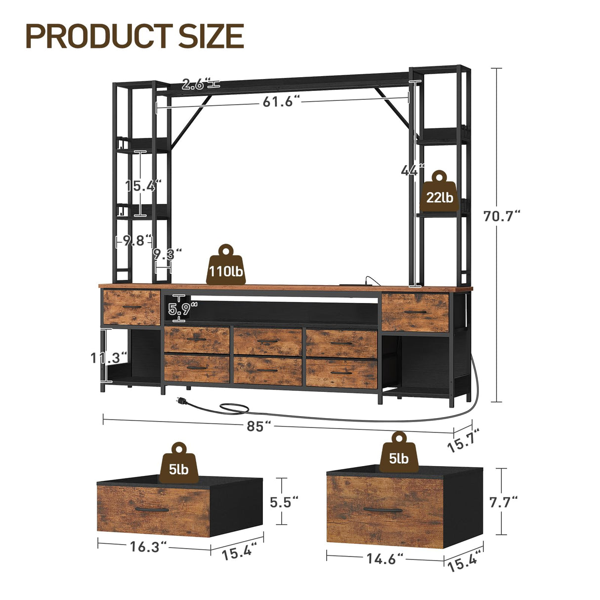 RALGEND TV Stand with Power Outlets to 65 Inches, LED Large Wall Unit Entertainment Center with Bookshelf, Dresser TV Stand with 8 PU Drawer, for Living Room, Bedroom, Rustic Brown and Black RALGEND