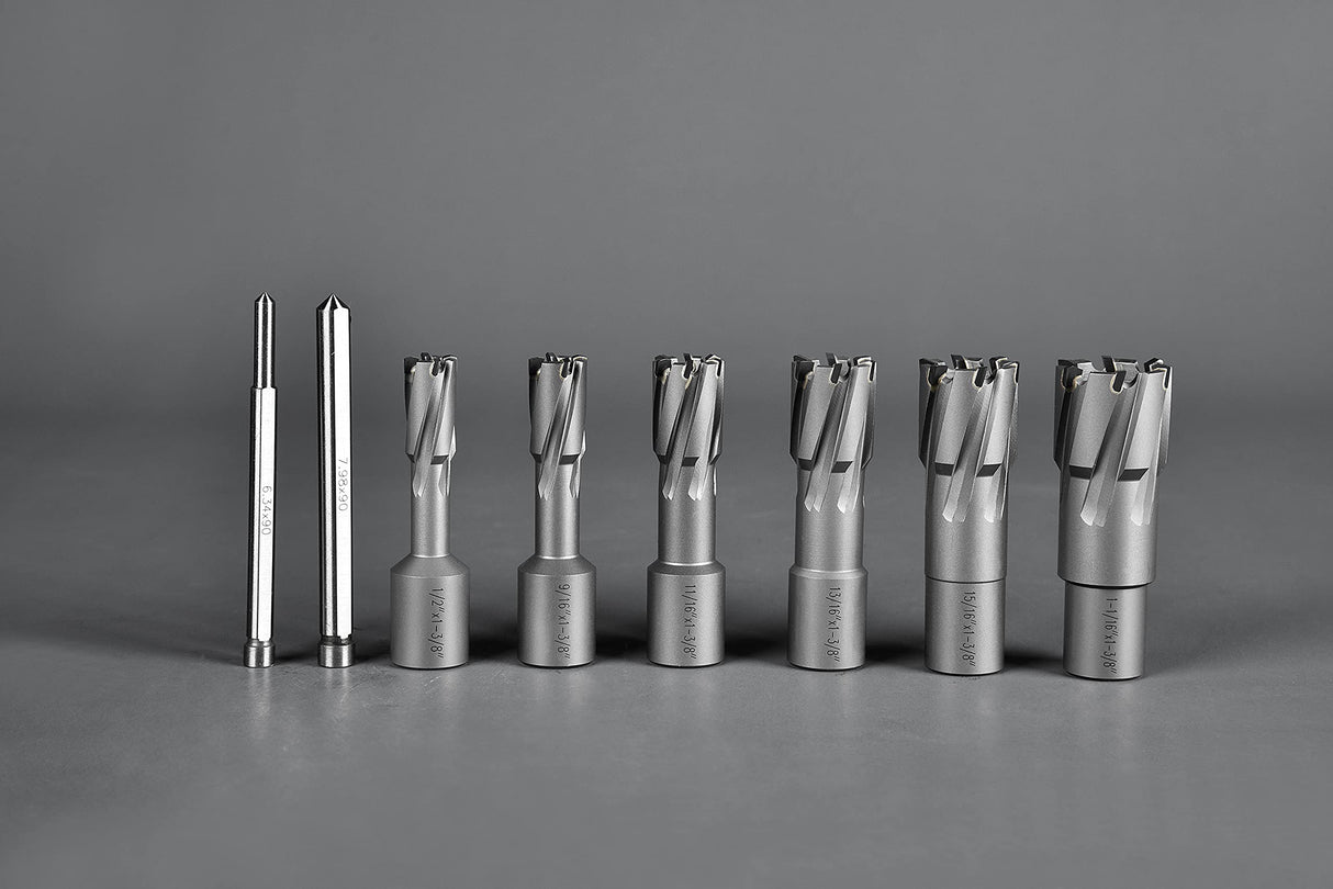 Annular Cutter Set Carbide 8pcs JESTUOUS 3/4 Inch Weldon Shank 1-3/8 Cutting Depth and Cutting Diameter from 1/2 to 1-1/16 Two Flat TCT Bit for Drill Press with 2 Pilot Pins JESTUOUS