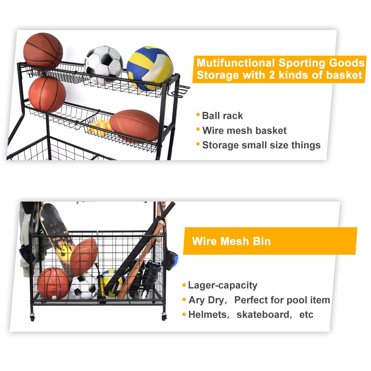 Kinghouse Sport Equipment Organizer for Garage, Steel Basketball Rack with Baseball Bat Holder and Hooks, Easy Assembly Storage for Balls, Kids' Toys, and Workout Gear in Basement, Home Gym, Outdoor Kinghouse