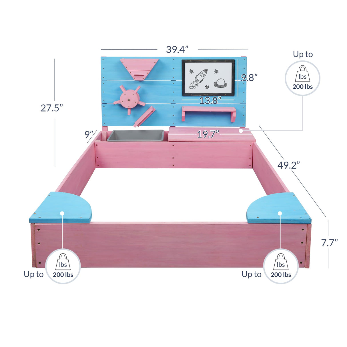 BELLEZE Wooden Sandbox, 49x39in Kids Sand Pit for Backyard, Outdoor Sandbox with Cover and Bottom Liner, Built-in Corner Seating, Bench Storage, Sand Toy Wall and Magnetic White Board (Pink) BELLEZE