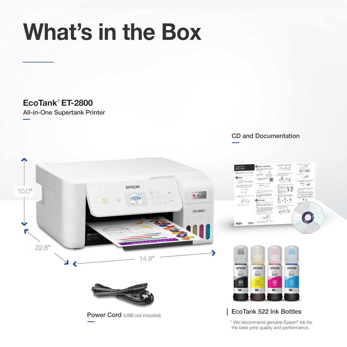 Epson EcoTank ET-2800 Wireless Color All-in-One Cartridge-Free Supertank Printer with Scan and Copy. Full 1-Year Limited Warranty - White (Renewed Premium) Epson