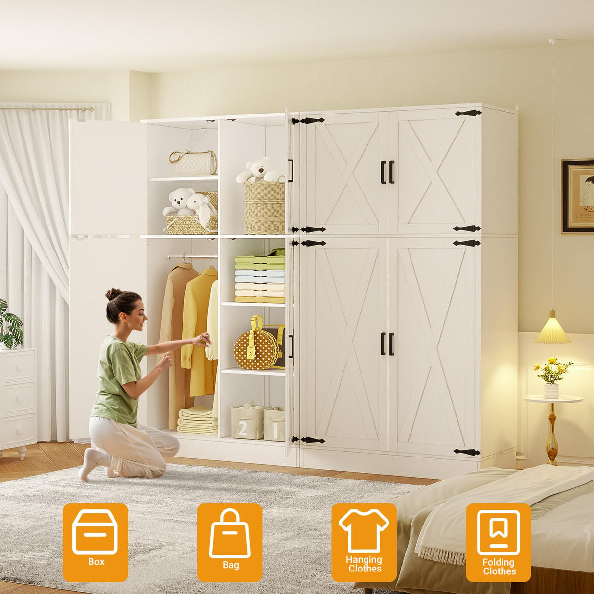 Unikito 71'' Farmhouse Wardrobe Closet with Hanging Rod, 4 Barn Door Clothing Storage Cabinet with Adjustable Shelves, Freestanding Wardrobe Cabinet for Bedroom, Living Room, Cloak Room, Office, White Unikito