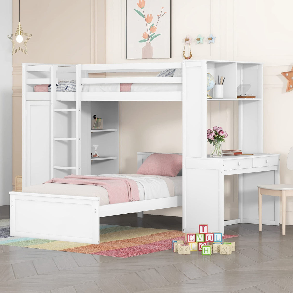 Loft Bed with Desk and Wardrobe Twin Over Twin Loft Bunk Beds Frame with Storage Drawers and Bookcase Wood All in One Beds for Kids Boys Girls Teens, White Bellemave