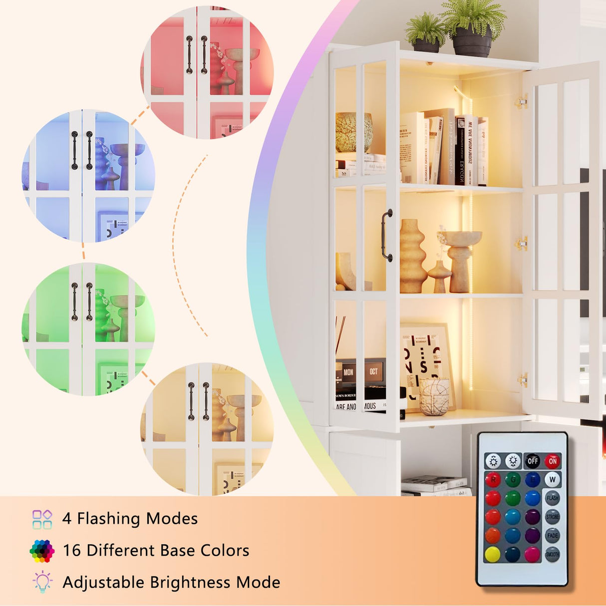 AMERLIFE 71" Tall Storage Cabinet with LED Lights, 5 Tier Large Modern Wood Kitchen Pantry with Acrylic Glass Doors & Shelves, Display Cabinet for Living room, Dining room, Bathroom, 4 Doors White AMERLIFE