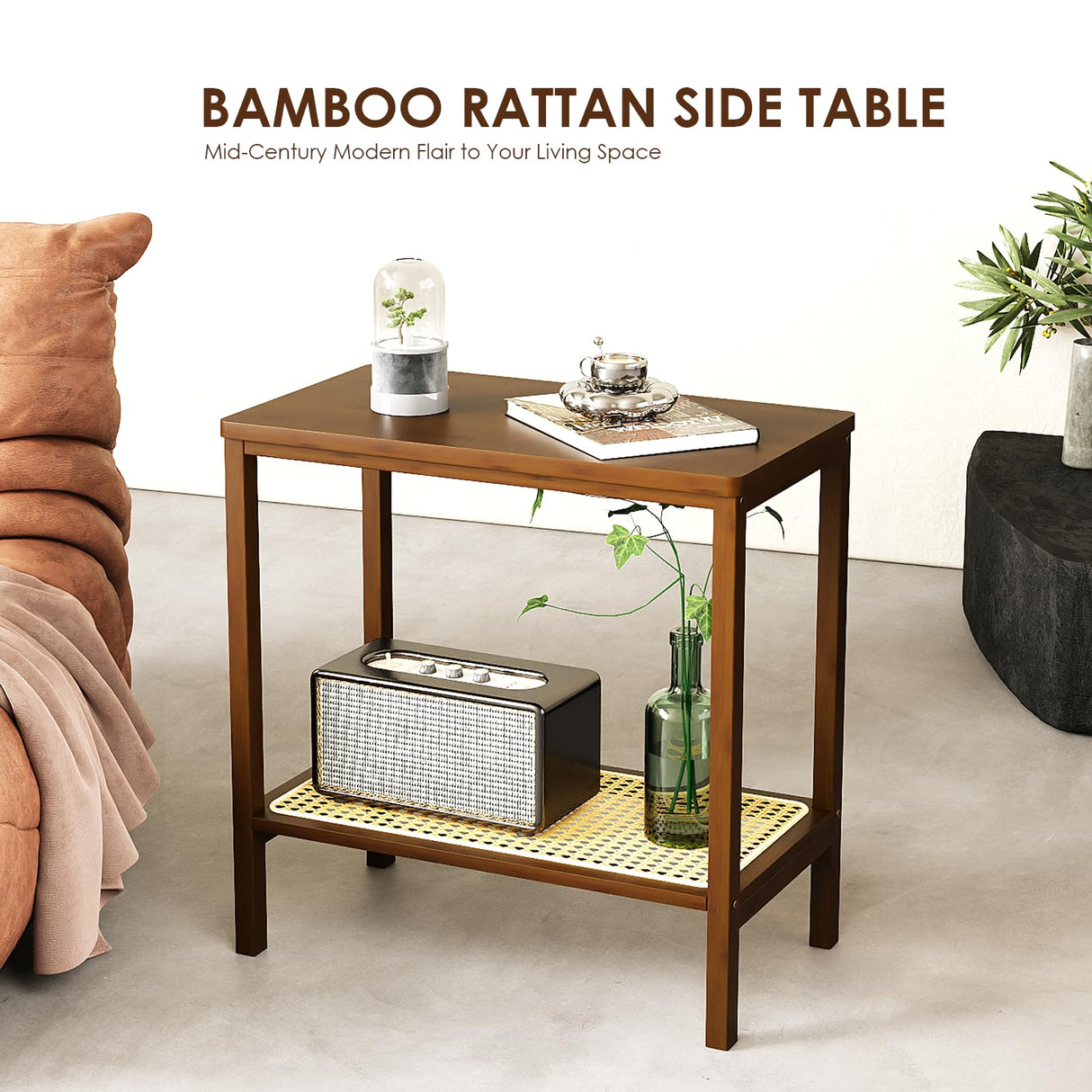 Rattan Side Table Mid Century Modern End Table 2-Tier with Storage Night Stand Narrow Coffee Table Boho Bamboo Living Room Table Bamworld