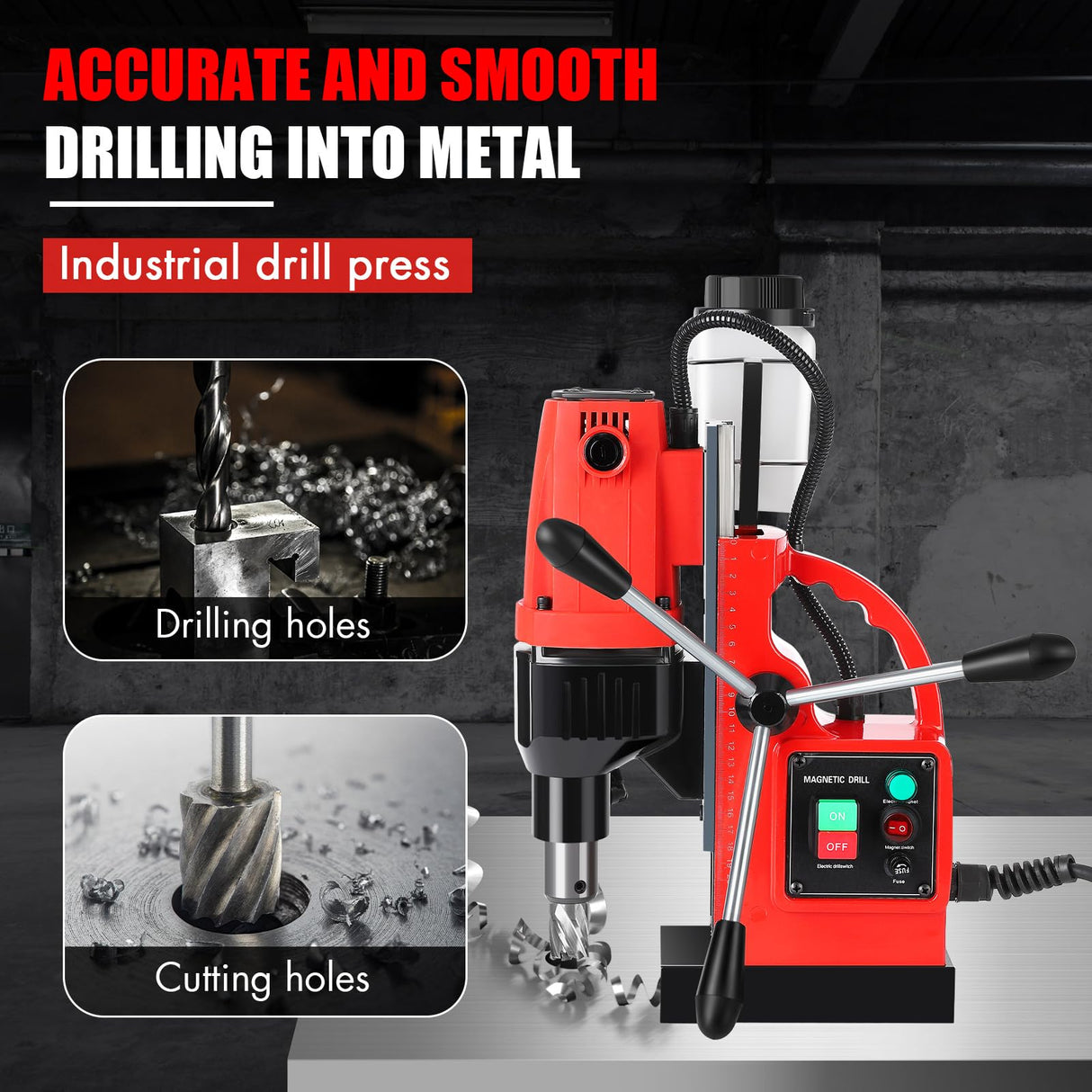 GARVEE Magnetic Drill Press, 1100W 550RPM Portable Mag Drill Press, Magnetic Core Drilling Machine for Metal Working,14Pcs Annular Cutters Drill Bits,Red GARVEE