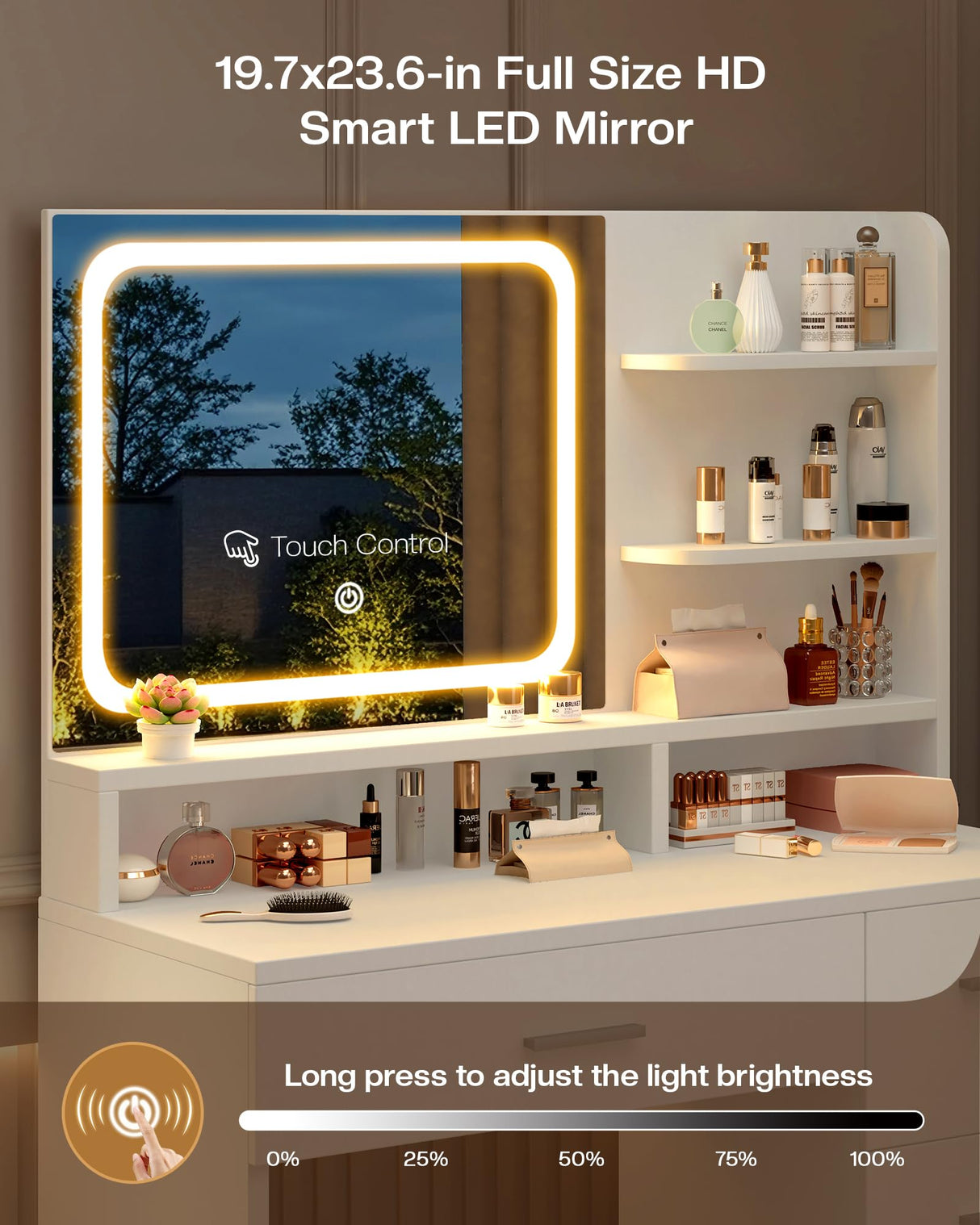 LIVELYGLOW Makeup Vanity Desk Set, 35.4“Wx15.7”Dx53.9“H, White (Smart LED Mirror, with Cushion Stool, Hairdryer Rack, Power-Outlet, 4 Drawers, Open Shelves) LIVELYGLOW