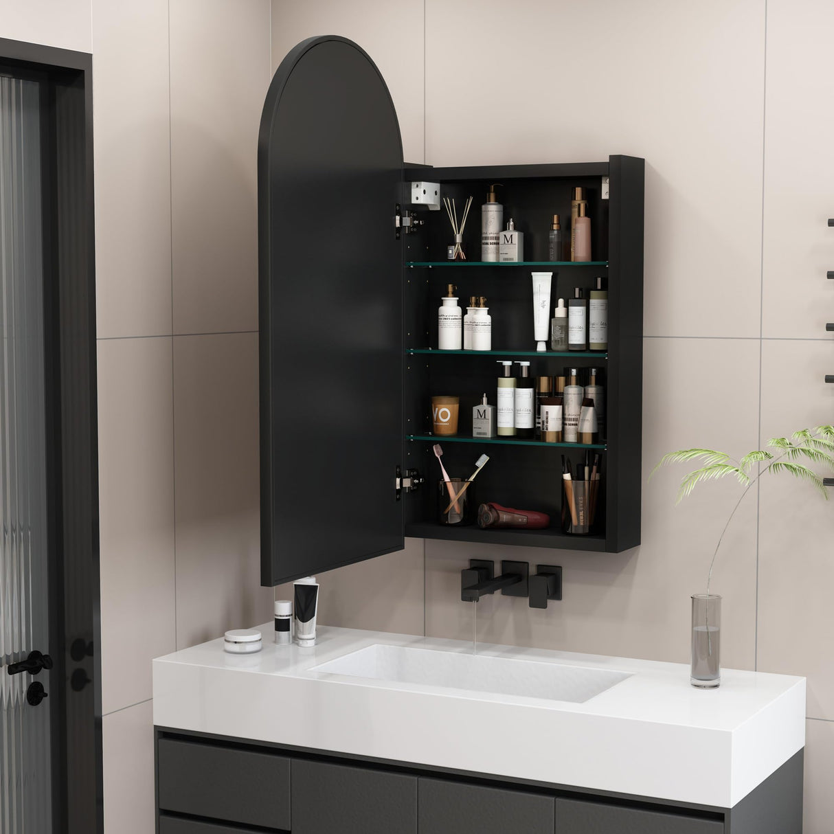 Medicine Cabinet with Mirror 16 x 30 Inch,Black Bathroom Mirror with Storage,Vanity Mirror with Storage,Metal Framed Arched Bathroom Cabinet Surface Mount with 3 Adjust Shelves Generic