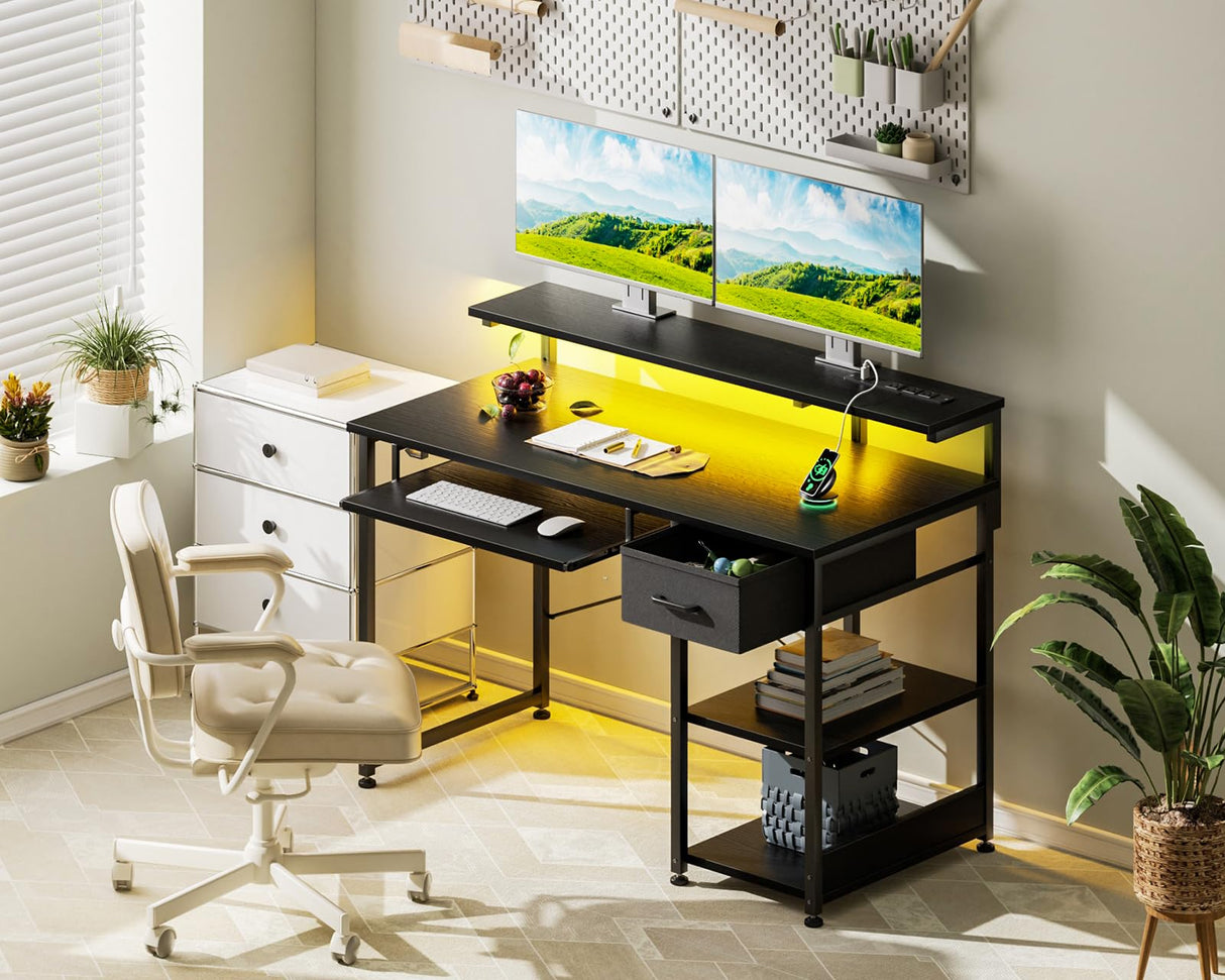AODK Gaming Desk with LED Lights & Power Outlet, 48 Inch Computer Desk with Keyboard Tray, Office Desk with Drawer, Reversible Desk with Adjustable Monitor Shelf and Storage Shelf, Black AODK