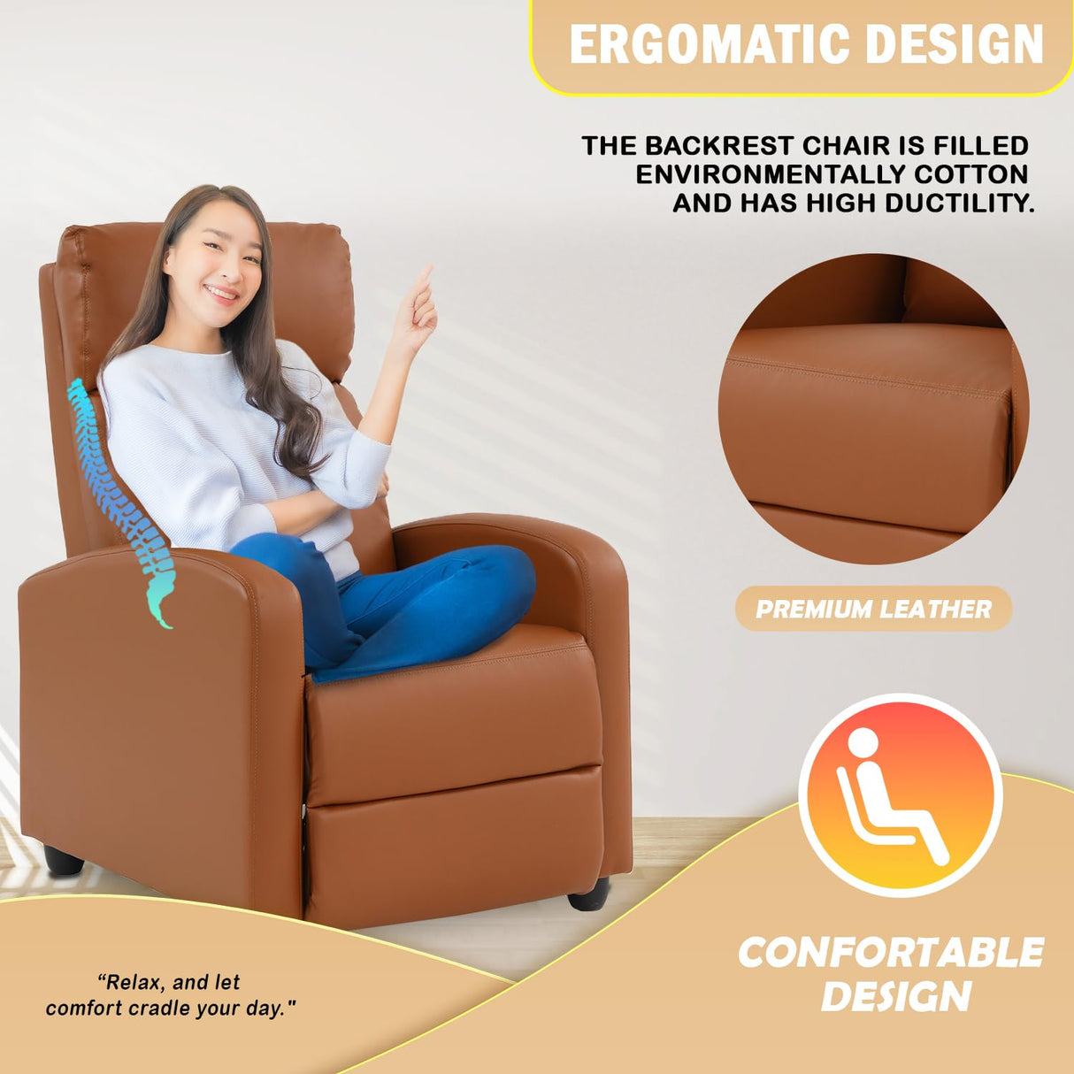 PayLessHere Recliner Chair Single Reclining Sofa Home Theater Seating with Lumbar Support and PU Leather Padded Backrest for Living Room and Bedroom (Tan) PayLessHere