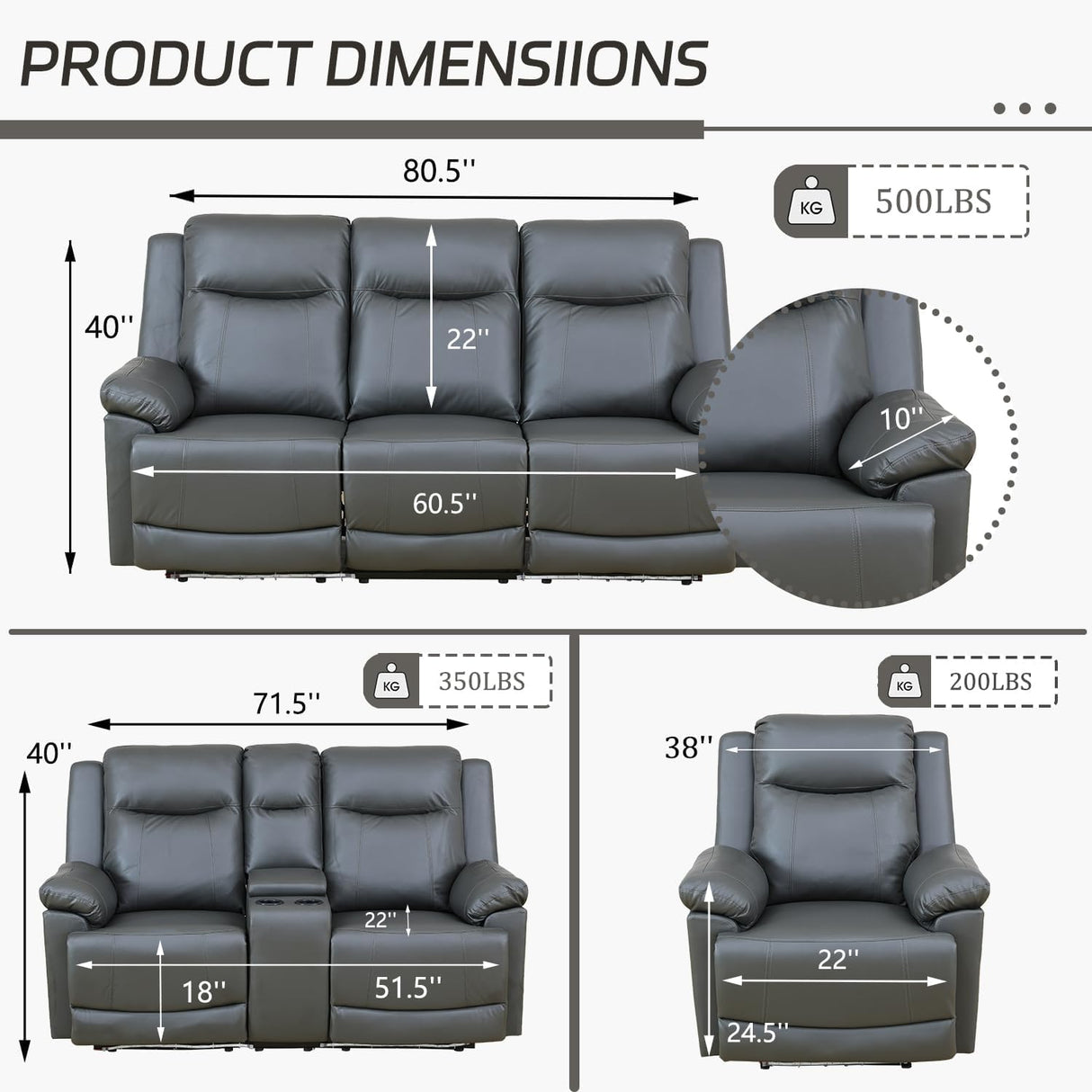 Air Leather Power Recliner Sofa Set with LED, Reclining Living Room Furniture Sets, Power Recliner Couch Set with USB Ports for House/Home Theater (Dark Grey, Sofa+Loveseat+Chair) AYCP Furniture