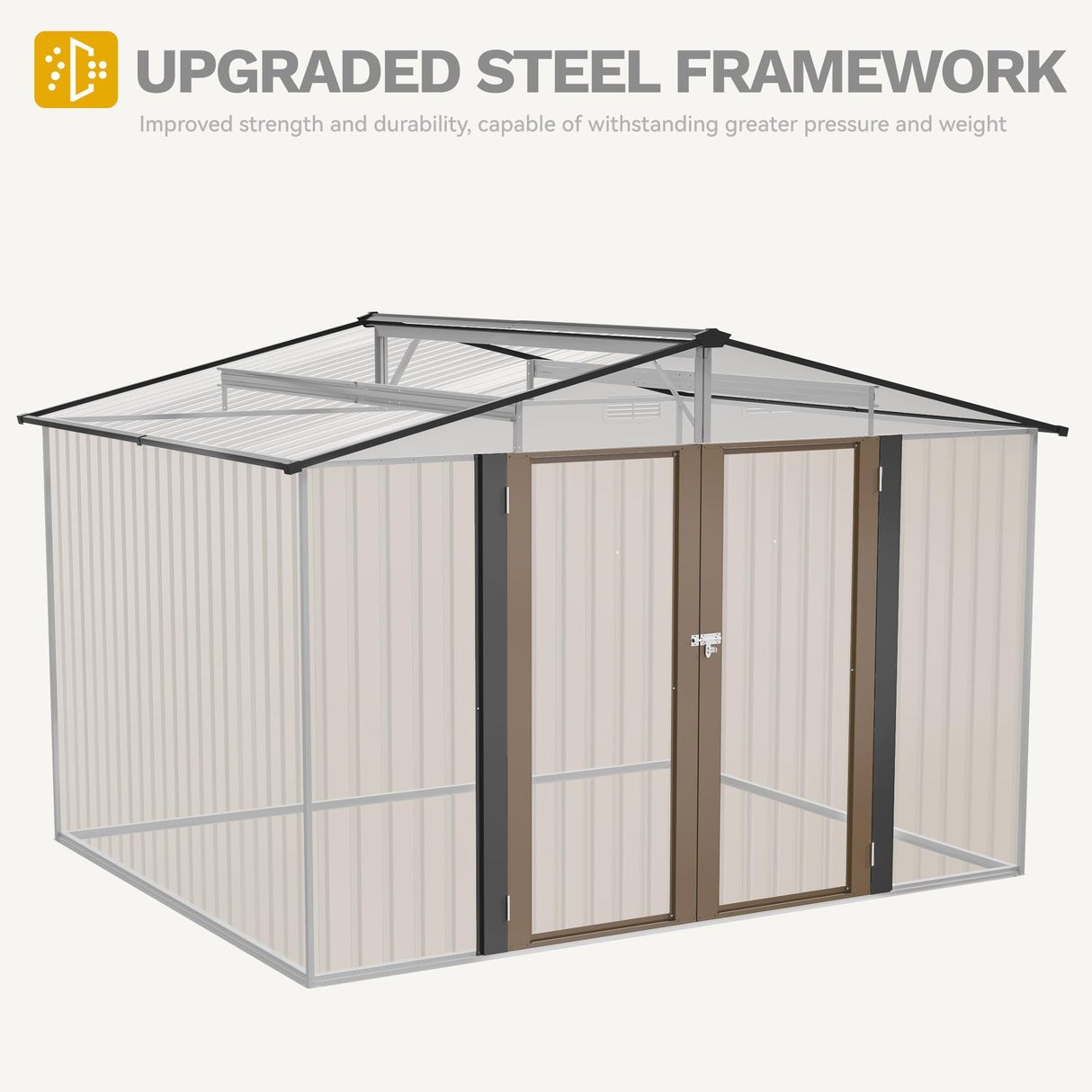 DWVO 10x8FT Outdoor Storage Shed, Spacious Metal Tool Shed with Lockable Doors & Ventilation for Patio, Lawn, and Backyard, Ideal for Storing Garden Equipment, Lawnmowers, and Bicycles, Brown DWVO