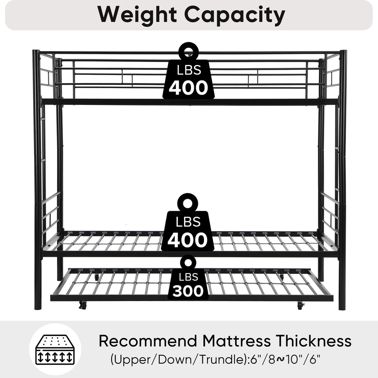 Over Twin Bunk Bed Frame with Trundle, Heavy-Duty Metal Bunk Bed Frame with Sturdy Guard Rail and 2 Ladders, No Box Spring Needed, Noise Free for Dorm, Space-Saving Bunk Bed for Teens/Adults, Black Zyerch