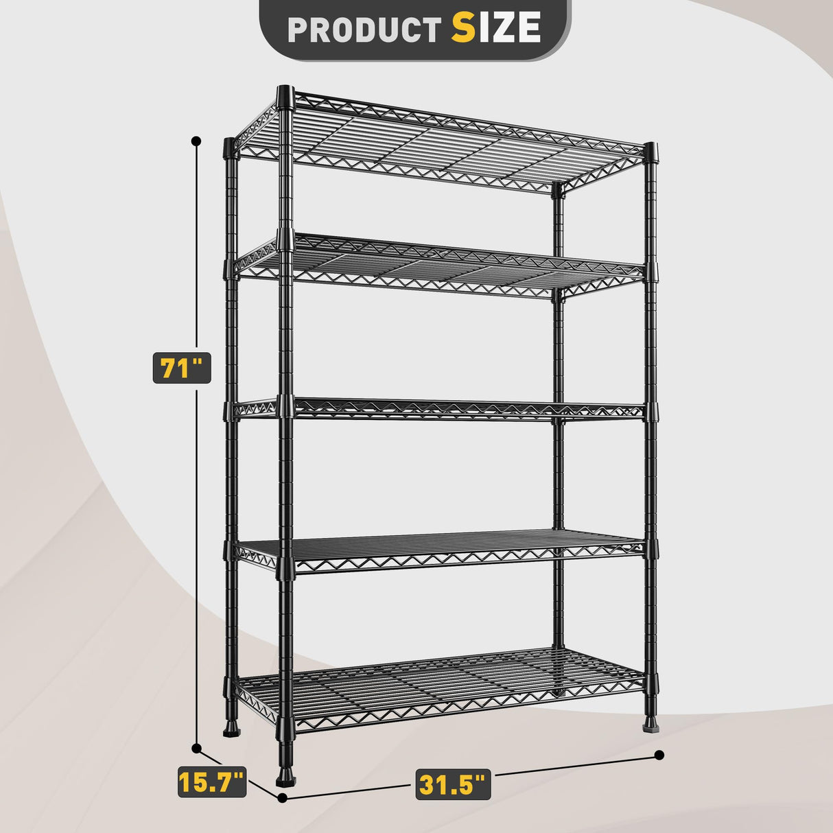 REIBII Storage Shelves, 5-Tire Wire Shelving Load 1000LBS Metal Shelves for Storage Adjustable Garage Shelving Unit Wire Shelf Rack Kitchen Storage Rack Pantry Shelves 31.5''W x 15.7'' D x 71''H REIBII