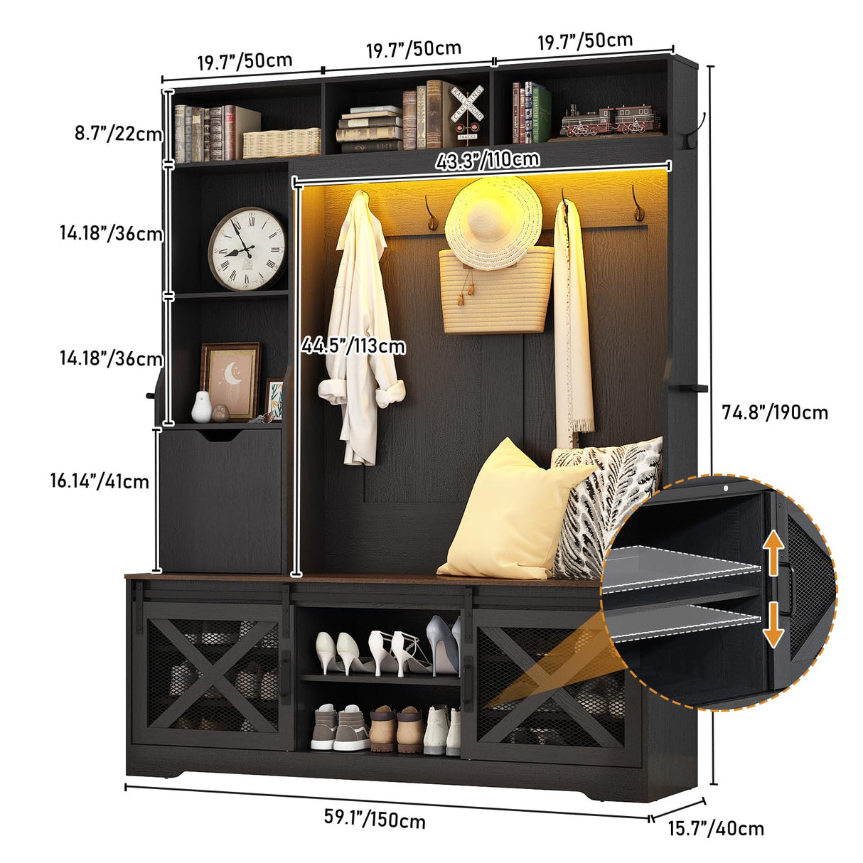 75''H LED Farmhouse Hall Tree with Bench and Shoe Storage,Entryway Bench with Coat Rack,16 Shoe Cubbies & Umbrella Holder and Sock Storage Drawer,Mudroom/Hallway Storages Cabinet(black) chartustriable