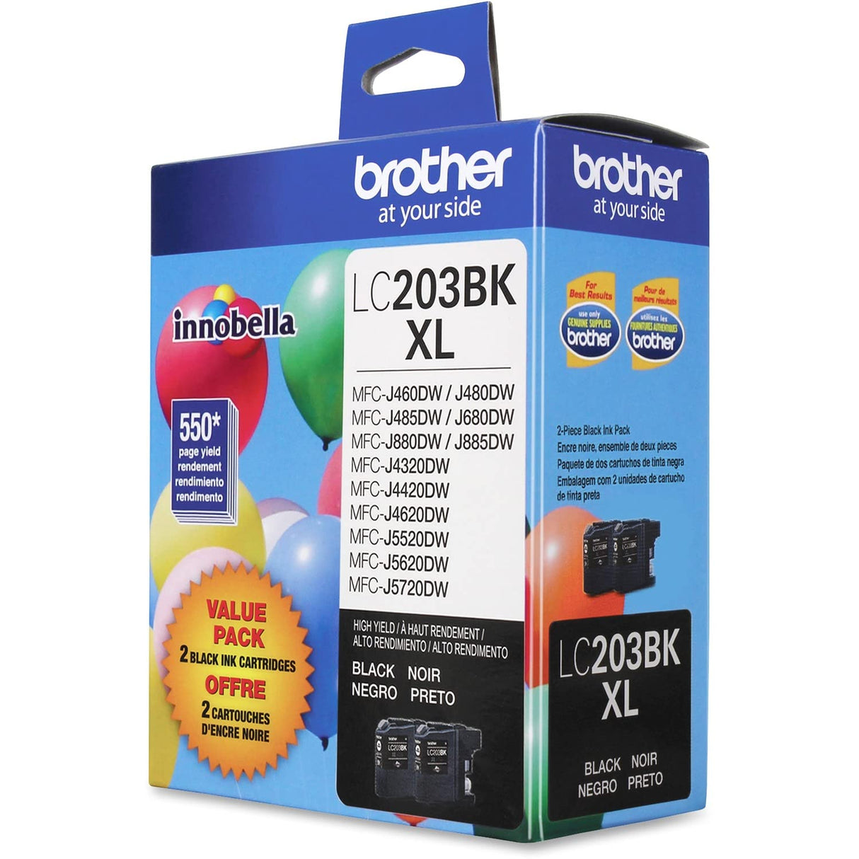 Brother Genuine High Yield Black Ink Cartridges, LC2032PKS, Replacement Black Ink Two Pack, Includes 2 Cartridges of Black Ink, Page Yield Up To 550 Pages/Cartridge, LC203 Brother