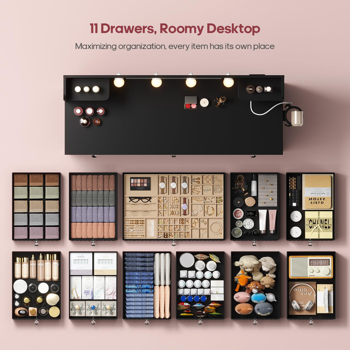 HAUOMS Vanity with Lights and Mirror, 11 Drawer Makeup Vanity with Power Strip, 6 Open Shelves, 43.3” Vanity Desk with Storage, Dressing Table with 3 Color Modes for Bedroom, Women, Girls, Black HAUOMS