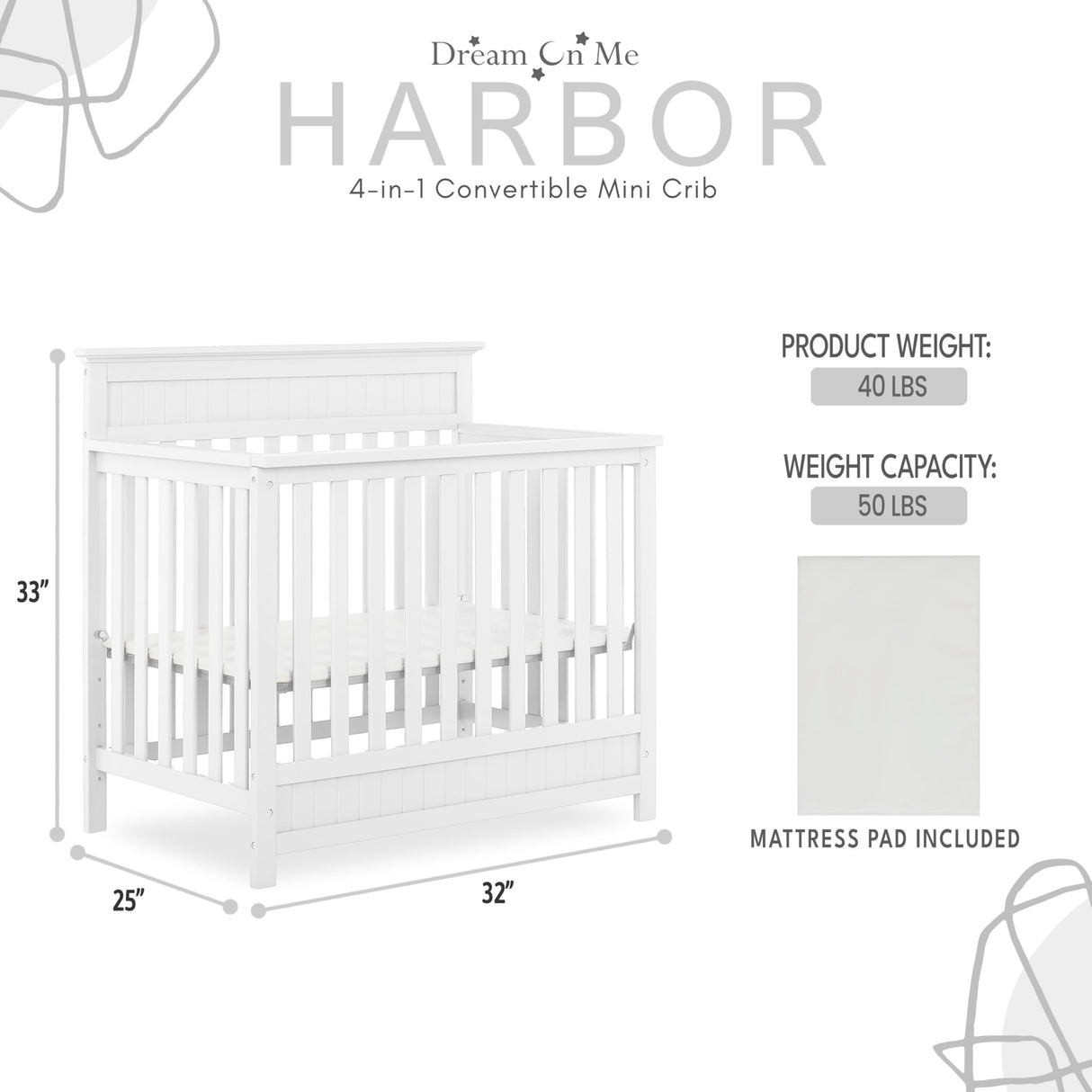 Dream On Me Harbor 4-in-1 Convertible Mini Crib in White, Greenguard Gold Certified Dream On Me