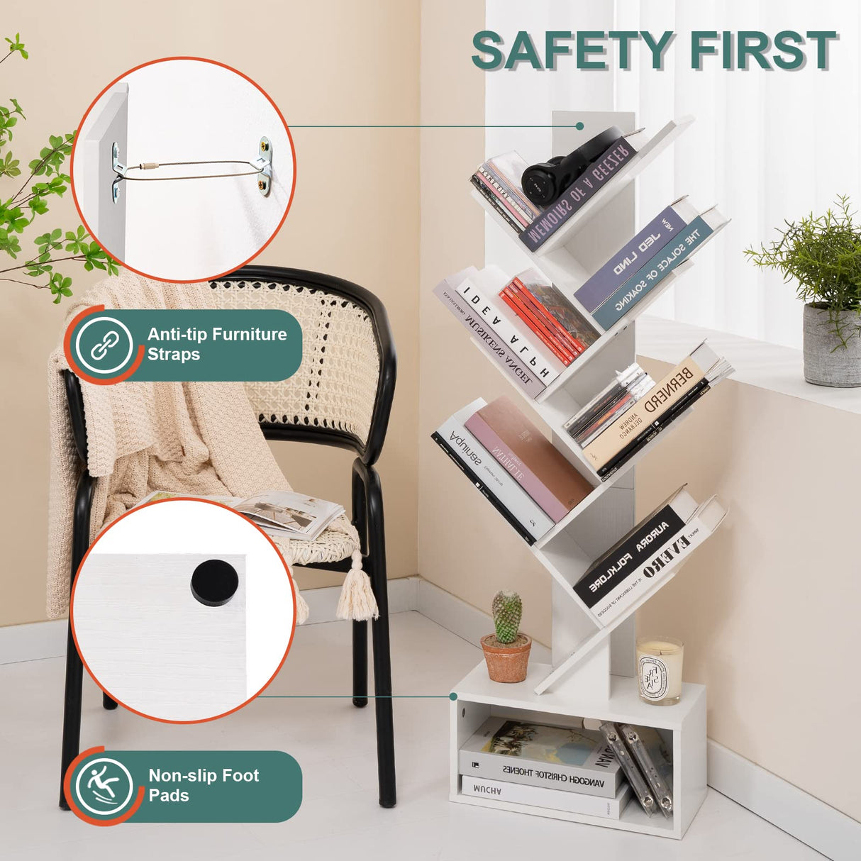 Yoobure Tree Bookshelf - 6 Shelf Retro Floor Standing Bookcase, Tall Wood Book Storage Rack for CDs/Movies/Books, Utility Book Organizer Shelves for Bedroom, Living Room, Home Office, White Yoobure