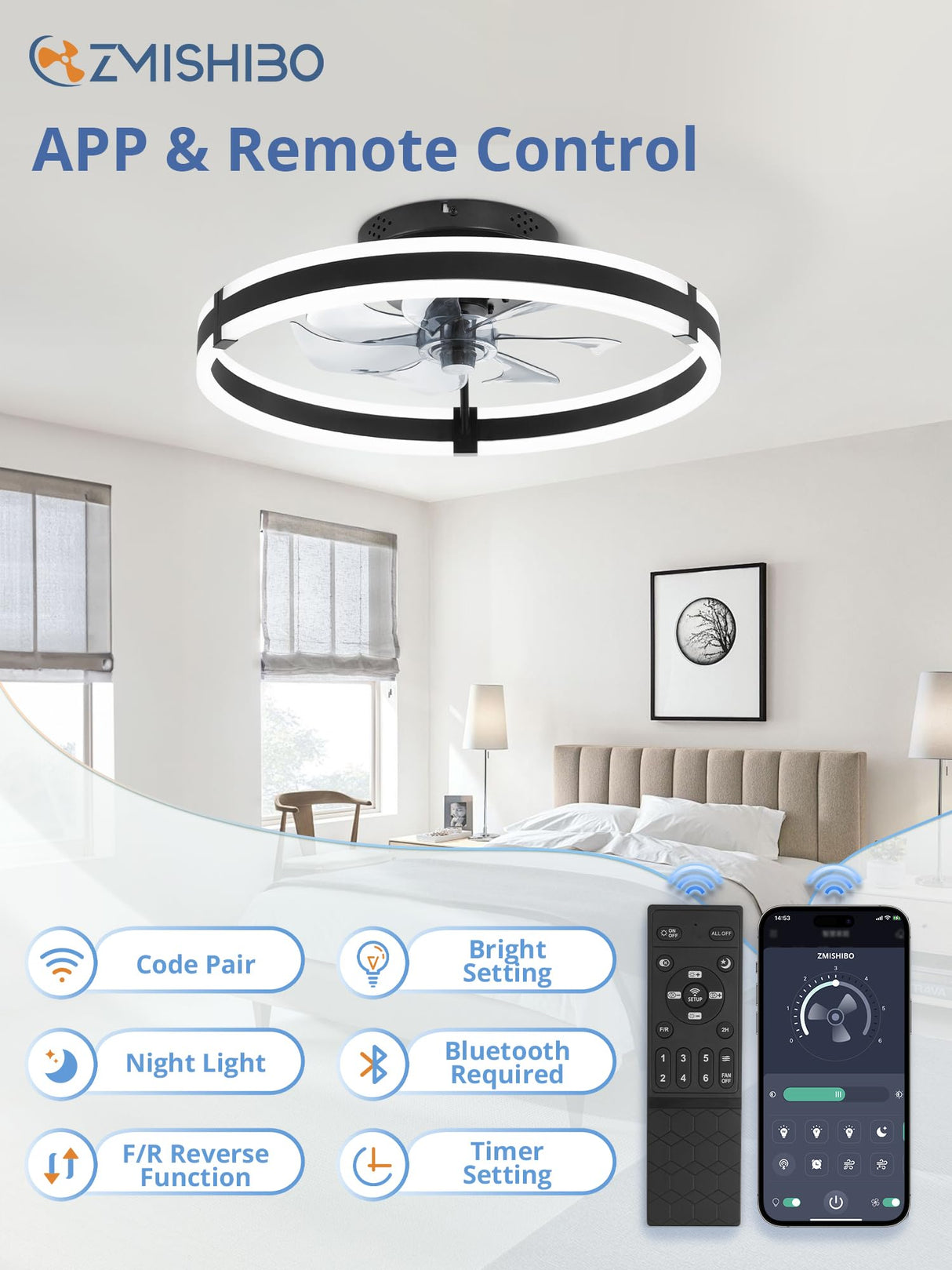 ZMISHIBO Ceiling Fans with Lights and Remote, 19.7'' Low Profile Ceiling Fans, 3000-6000K Dimmable Modern Flush Mount LED Fan Light, 6 Wind Speeds, Black Fandelier Ceiling Fans with Lights for Bedroom ZMISHIBO