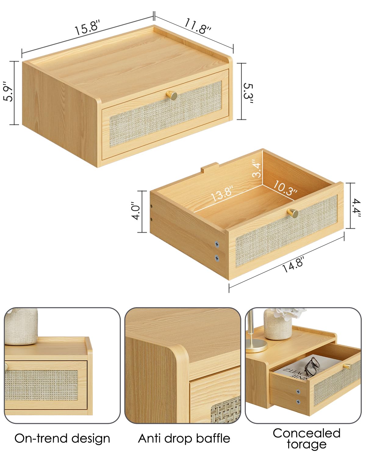 AEPOALUA Floating Nightstand,Wall Mounted Night Stand with Drawer,Small Floating Shelves,Floating Wood Bedside Table for Bedroom、Living Room、Bathroom AEPOALUA