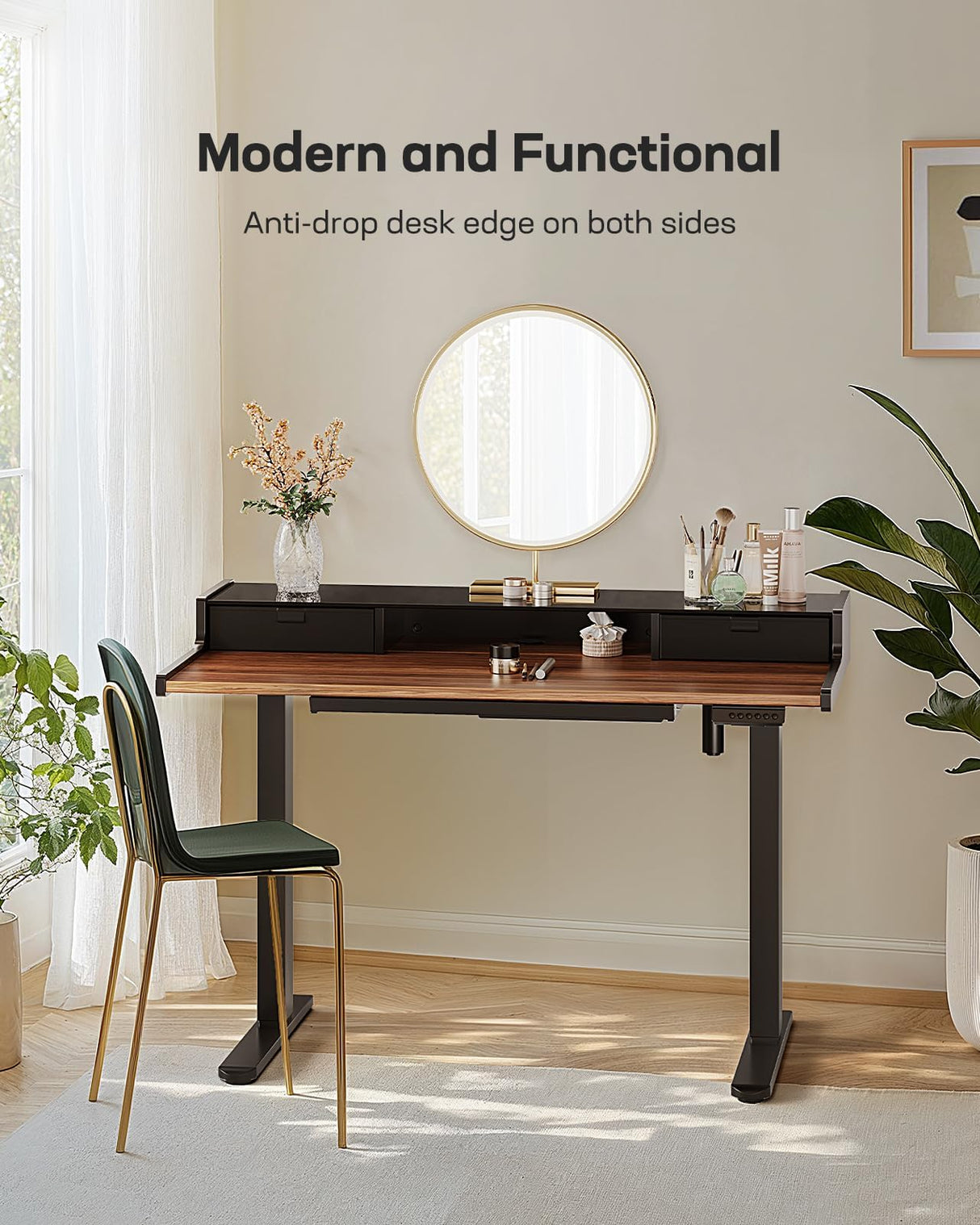 Marsail Electric Standing Desk with Drawers, 48 x 24 Inch Stand Up Desk with Glass Monitor Stand, Height Adjustable Desk with Drawers for Home & Office, 4 Preset Heights, Black Walnut Marsail