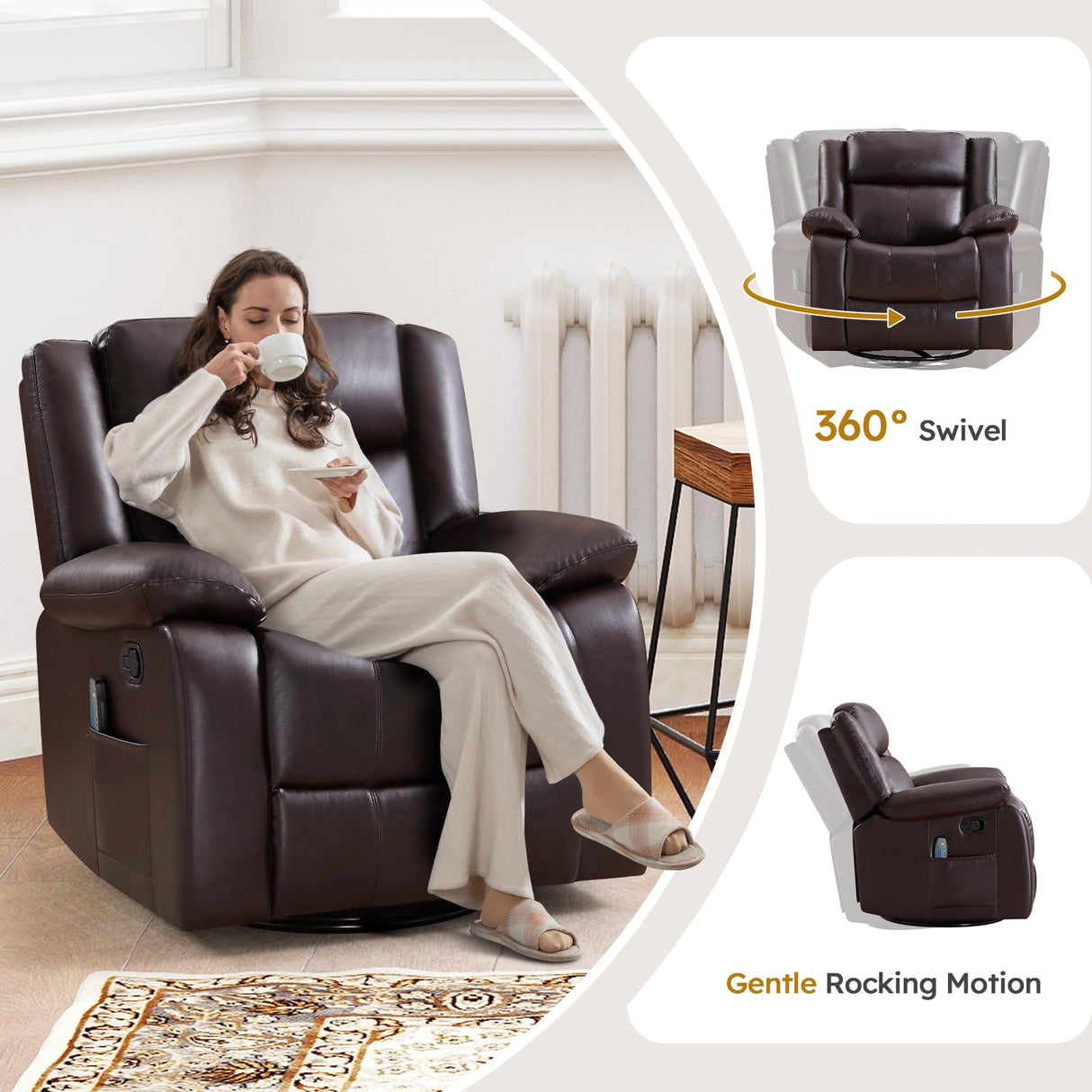 ANJ Swivel Rocker Recliner Chair, Manual Rocking Glider Massage Recliner with Heat, Overstuffed PU Leather Big Large Recliner for Living Room Bedroom Nursery ANJ