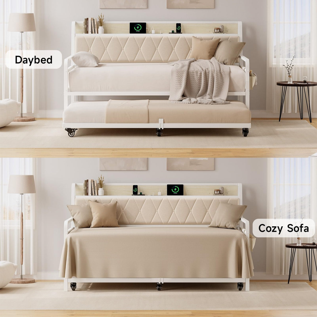 ONBRILL Twin Daybed with Trundle, Metal Day Bed Frame with Ergonomic Upholstered Headboard & Charging Station, Sofa Bed with Twin Trundle for Living Room, Bedroom, playroom, and Guest Room, White ONBRILL