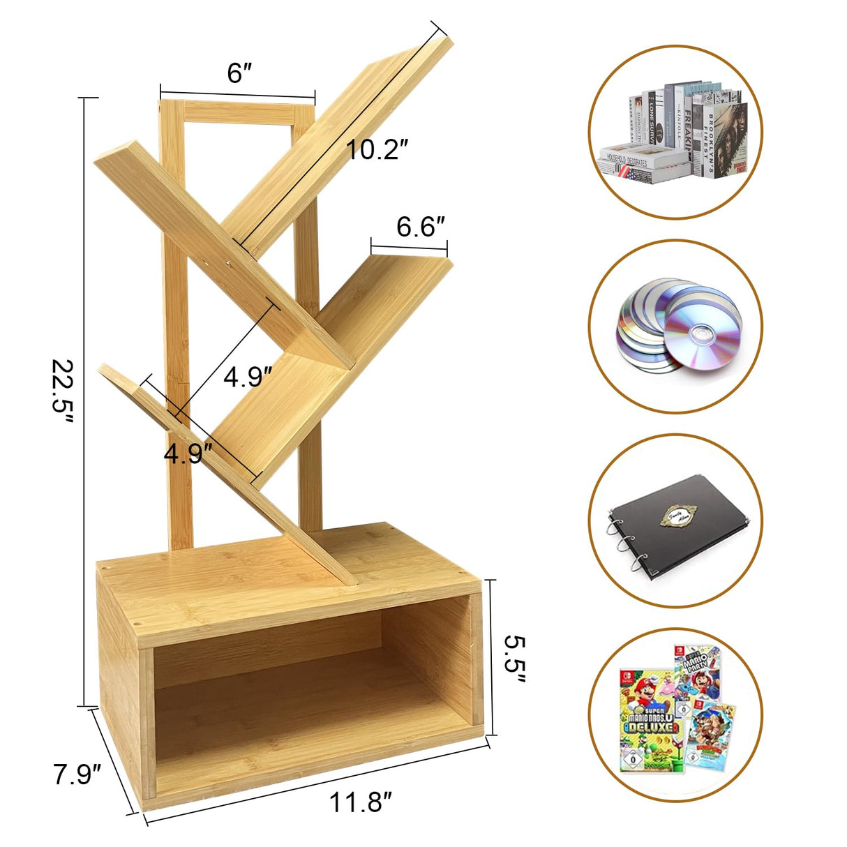 Bamboo 4 Tree Bookshelf Small Bookcase Free Standing Wood Bookcase for Narrow Space Modern Book Storage Rack for Books/Movies/CDs Narrow Display Rack for Living Room Home Office (Bamboo, 4-Tier) Sholramo