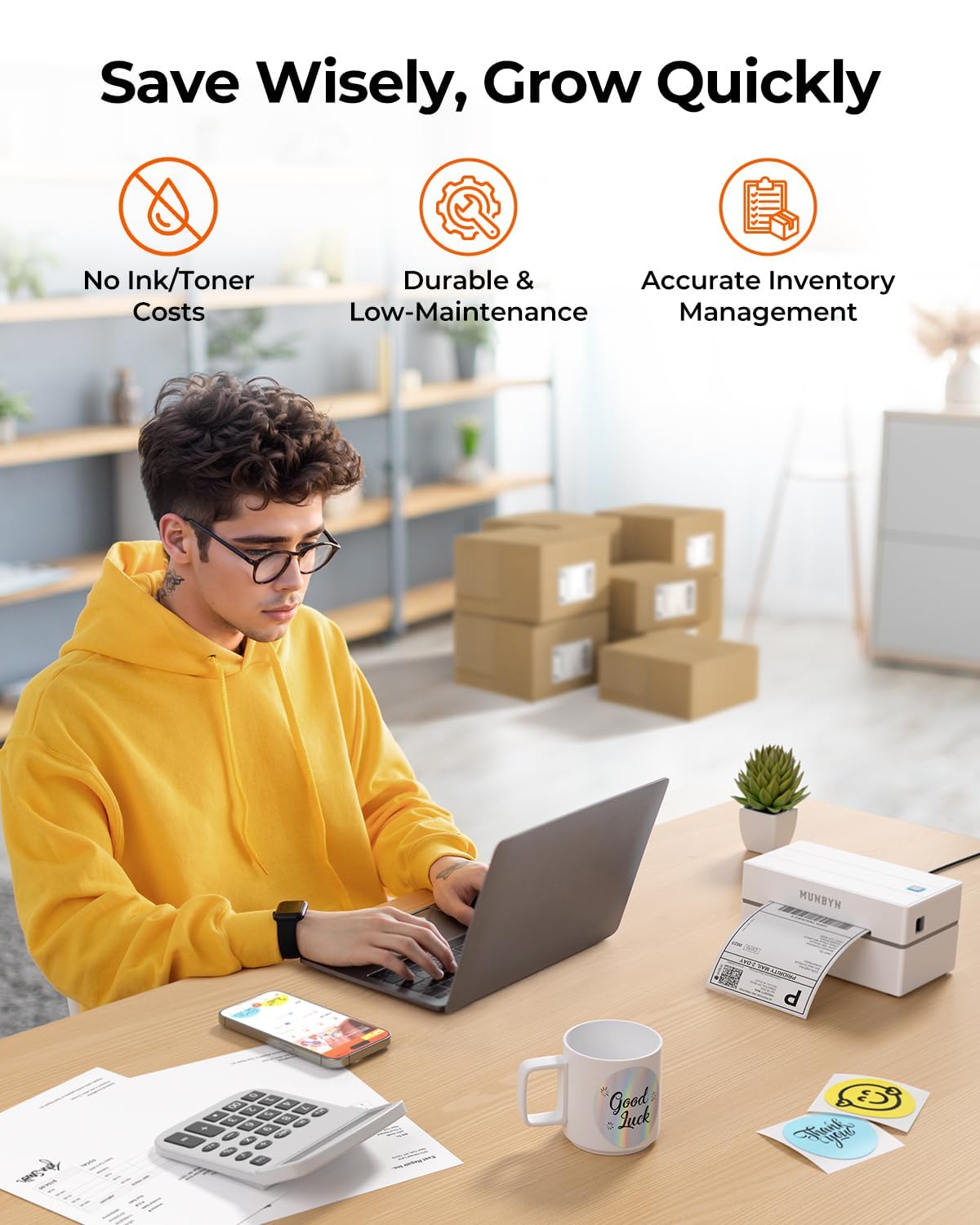 MUNBYN Bluetooth Thermal Label Printer, 130B Wireless 4x6 Shipping Label Printer for Shipping Packages Small Business Office or Home, Compatible with iPhone Android iPad Windows macOS Chrome Etsy eBay MUNBYN