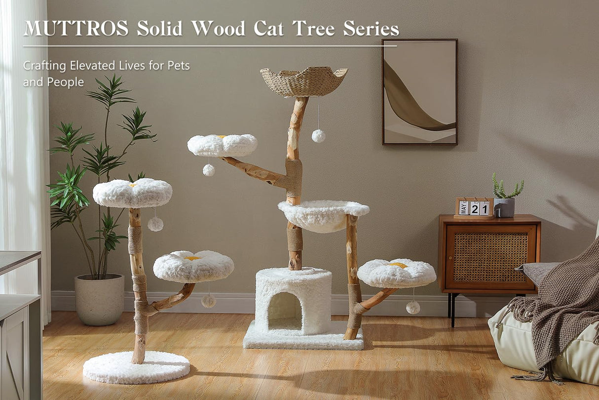 MUTTROS 59" Modern Cat Tree Tower for Large Cats w/2 Flower Perches-Natural Solid Wood Scratching Post with Real Branch-Luxury Boho Cat Furniture w/Condo & Wicker Basket Bed, Cloud White MUTTROS