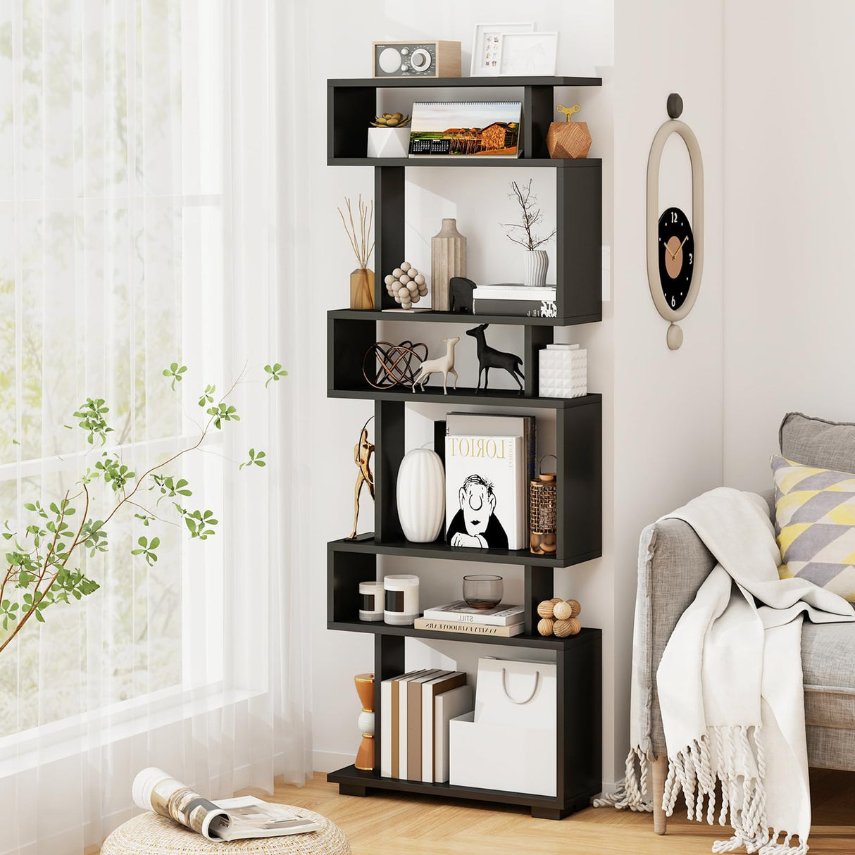 Tangkula 6-Tier S Shaped Bookcase, 64" Tall Modern Geometric Bookshelf with Anti-Tipping Kit, Home Office Freestanding Decorative Storage Display Shelf Room Divider for Living Room Study (1, Black) Tangkula