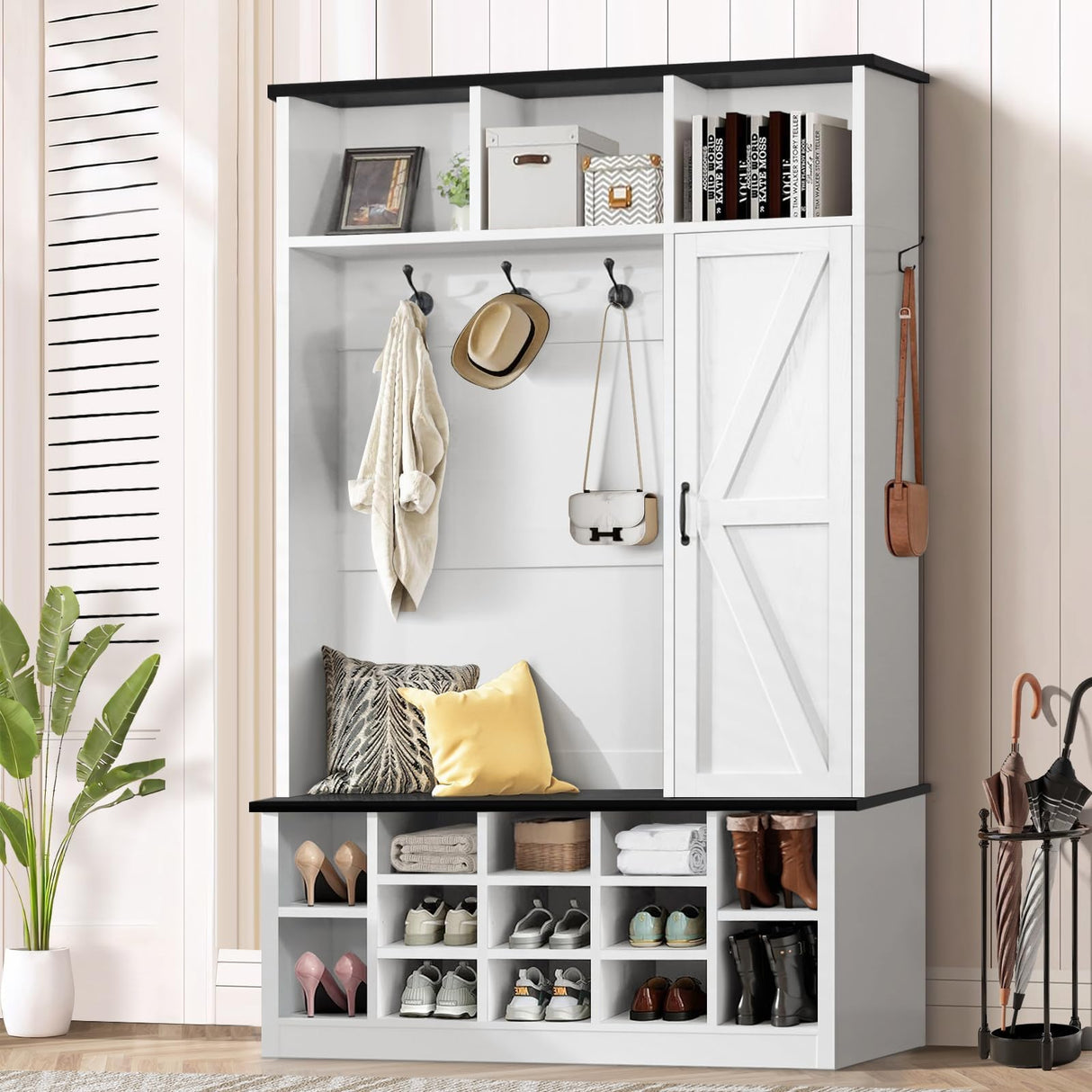 Farmhouse Mudroom Hall Tree with Shoe Storage, 79 Inch Hall Tree with Bench for Entryway, White Entryway Bench with Coat Rack and Barn Door, Adjustable Shoe Cubbies and 3-Tier Cabinet, white 4ever2buy