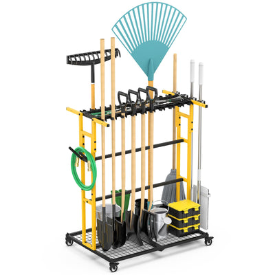 CCCEI Garage Organization with Wheels, Outdoor Gargen Yard Shed Tools Organizer Cart, Home Storage for Cleaning Supplies Organizer, Broom Holder, for Shovel and Rake, Long Farming and Farming Tools.