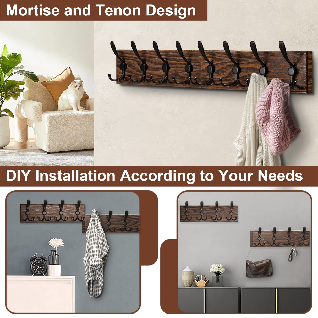 U-Chain Wooden Wall Coat Rack with 8 Tri Metal Hooks for Hanging Coats, Backpacks and More - 28 Inch Wall Mounted for Mudroom, Farmhouse Entryway U-Chain