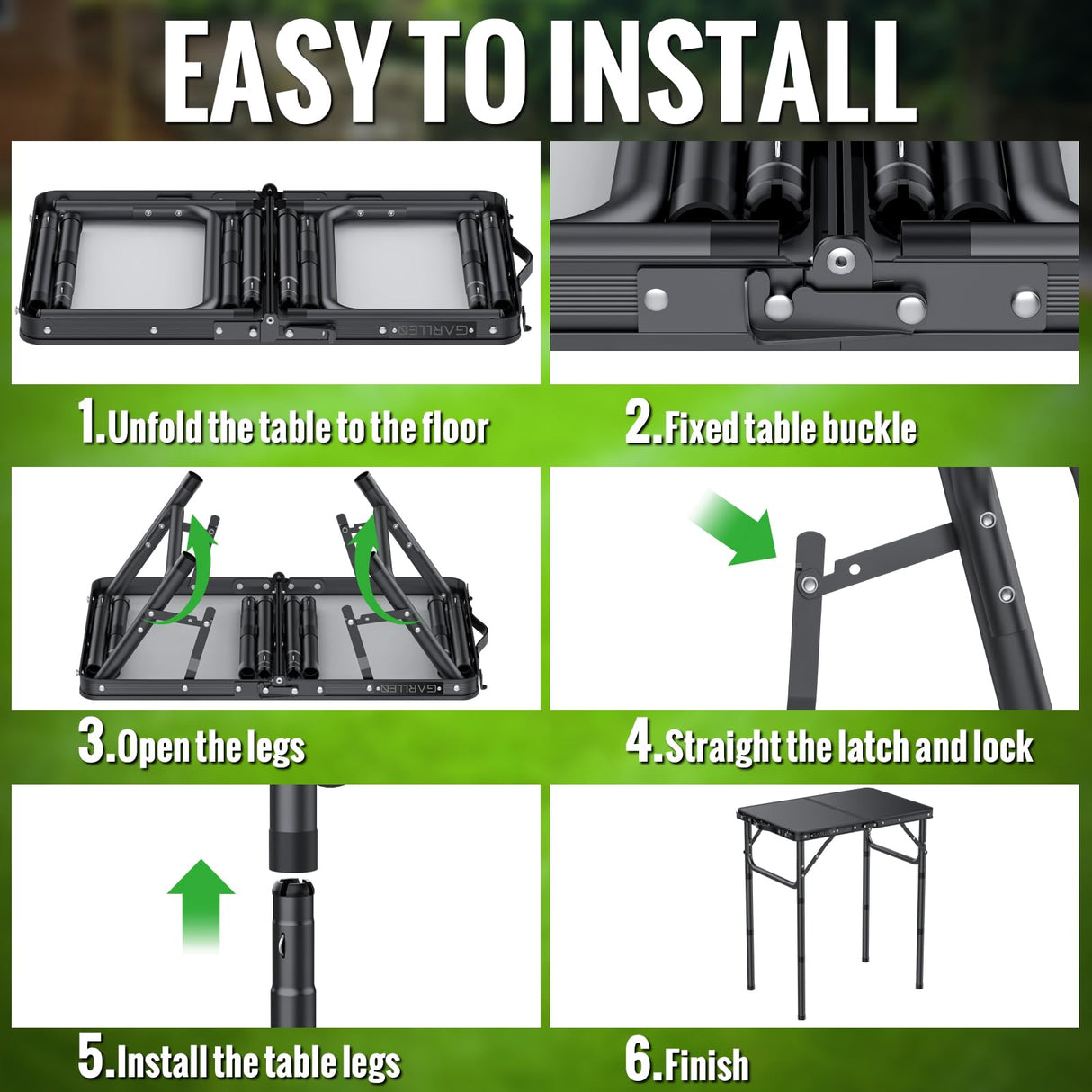 GARLLEN 2ft Folding Camping Table, 3 Adjustable Height Lightweight Picnic Table, Portable Aluminum Grill Table (22.8" L x 15.7" W) for Outdoor, Camping, BBQ, Black GARLLEN