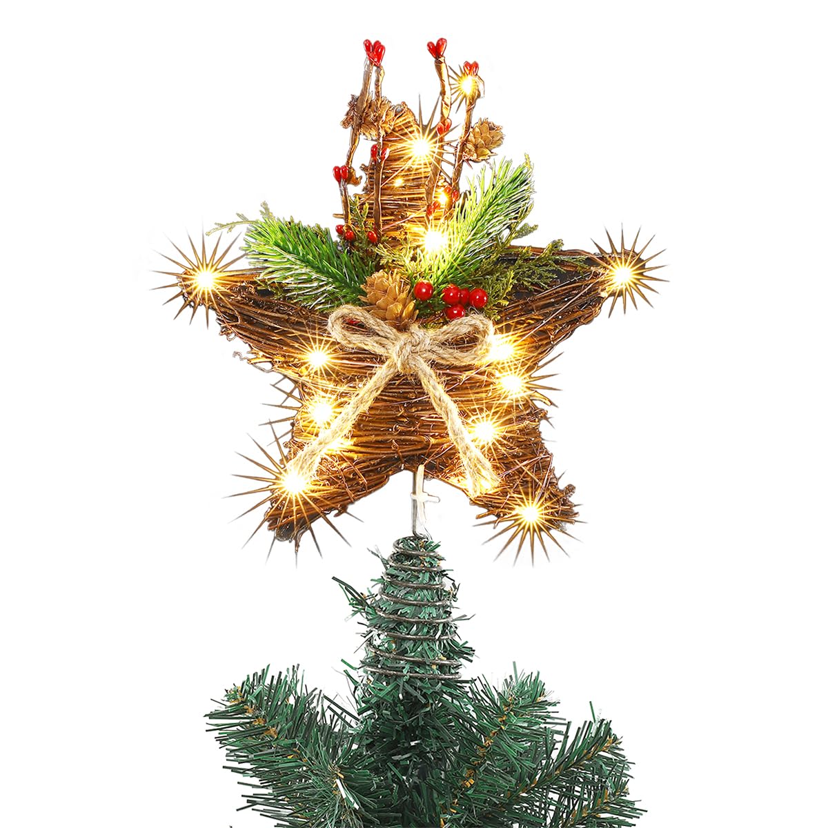 9-Inch Rattan Natural Star Christmas Tree Topper,Rustic Farmhouse Xmas Treetop for Indoor Christmas Tree Decorations Holiday Seasonal Decor Sattiyrch