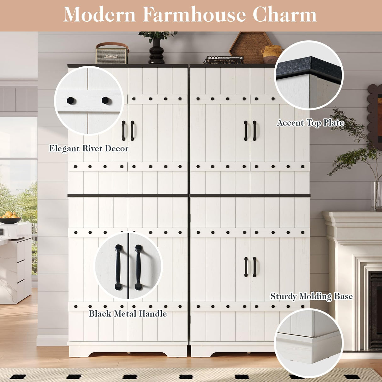 LUXOAK 72" Tall Farmhouse Kitchen Pantry with Rivet Barn Doors, Rustic Wood Cupboard Storage Cabinet/w Drawer & Adjustable Shelves for Dining Living Room, Bathroom & Hallway, Antique White LUXOAK