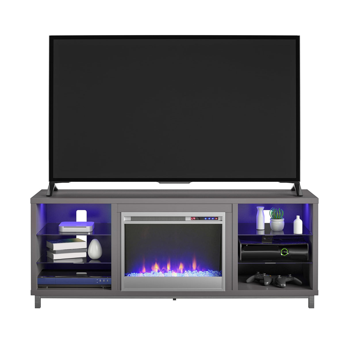 Ameriwood Home Lumina Fireplace TV Stand for TVs up to 70 Inch, Replaceable Electric Fireplace Insert Heater, Remote Control, Timer, Color Changing LED Lights, Crystal Ember Flames, Graphite Gray Ameriwood Home
