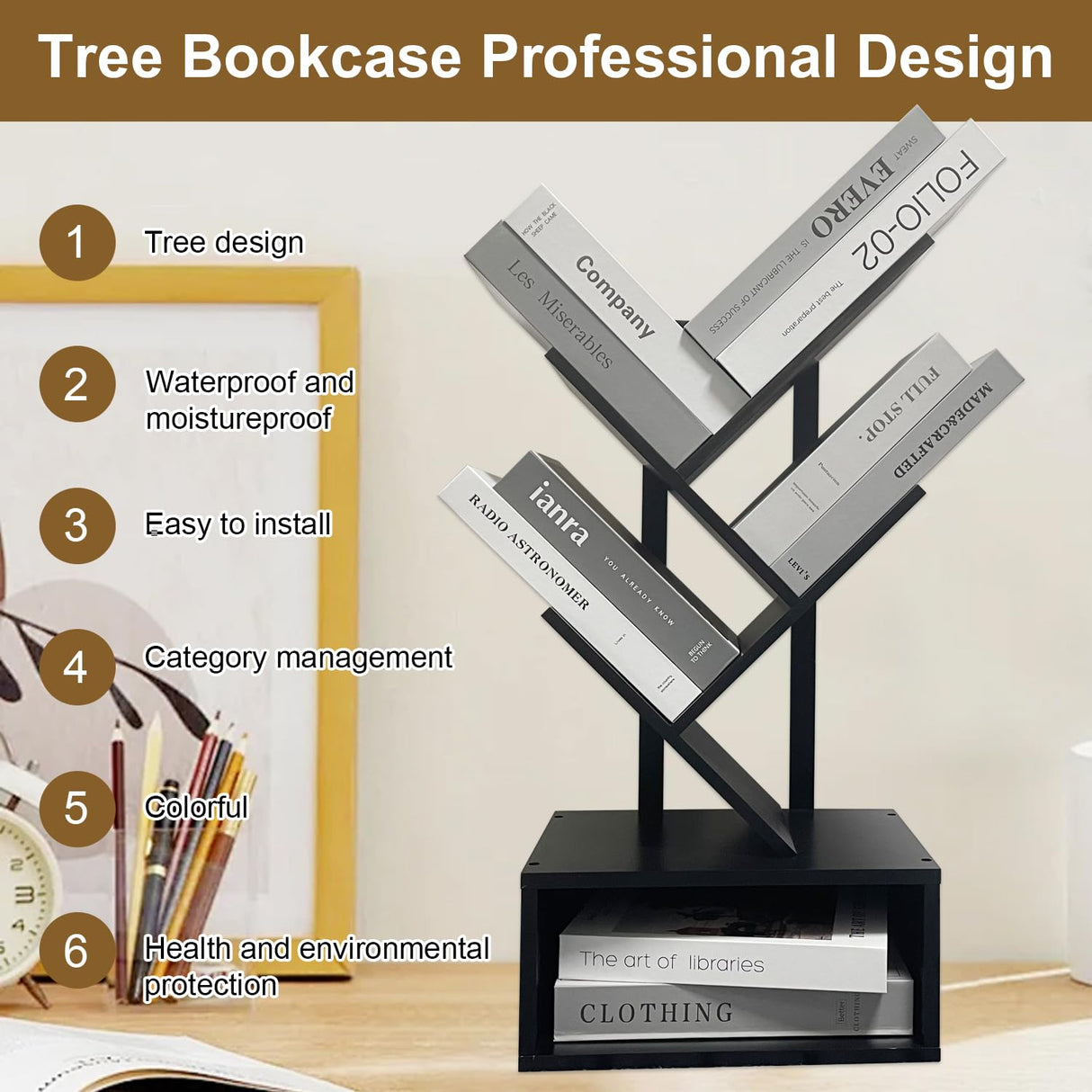 Bamboo 4 Tree Bookshelf Small Bookcase Free Standing Wood Bookcase for Narrow Space Modern Book Storage Rack for Books/Movies/CDs Narrow Display Rack for Living Room Home Office (Black, 4-Tier) Sholramo