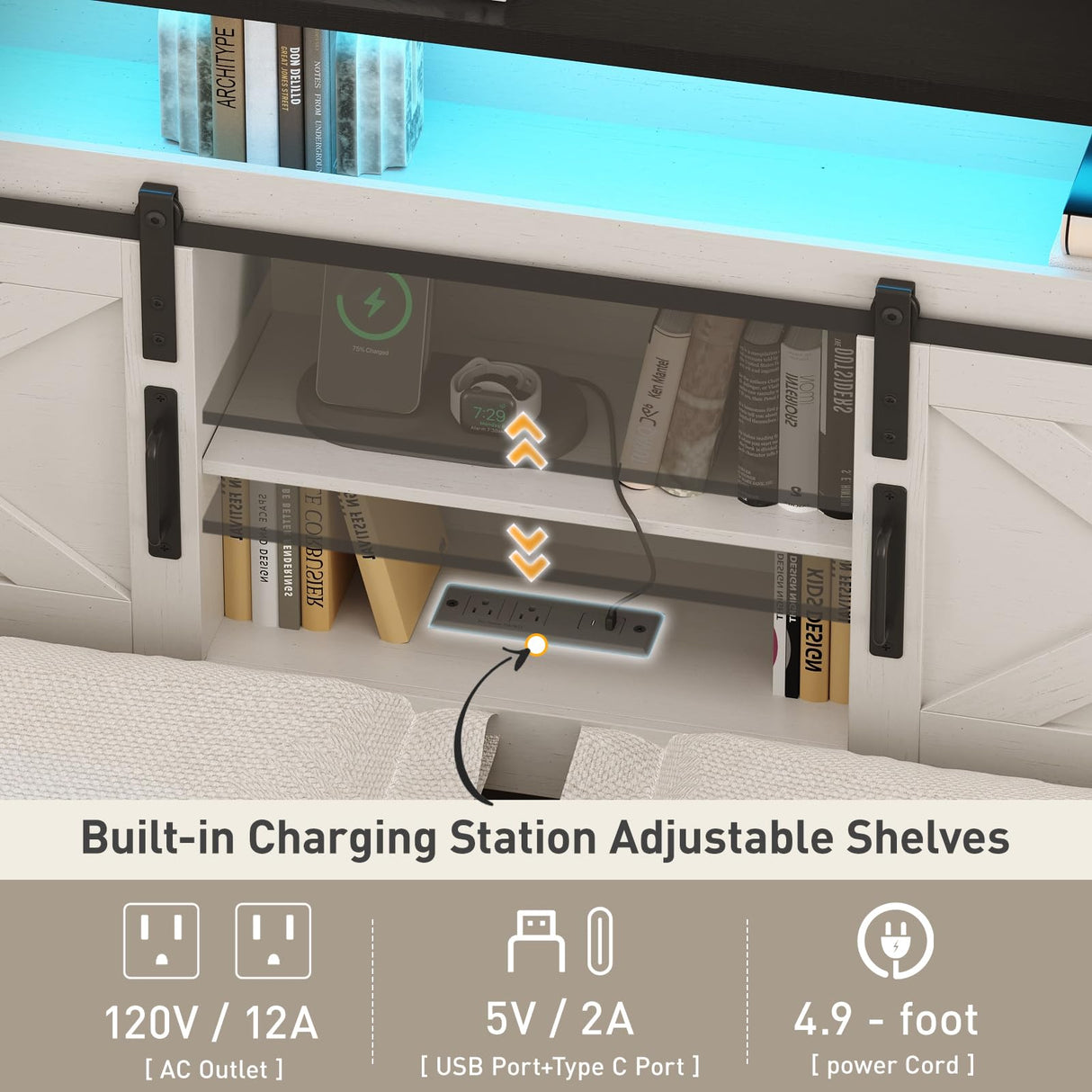 Maupvit Full Size Farmhouse Bed Frame with 4 Drawers and Sliding Barn Door, Storage Shelves, LED Light and Charging Station Metal Platform Bed Frame No Box Spring Needed, White Maupvit