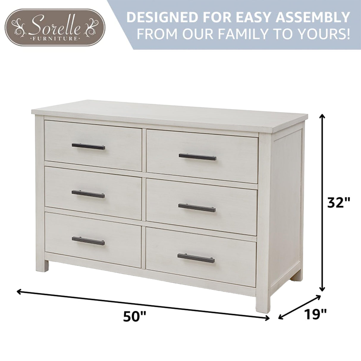 Sorelle Westley Double Dresser - 6 Drawer Solid Wood Nursery Dresser with Smooth Drawer Glides and Anti-Tip Kit, Convertible Changing Surface Ready, Brushed Ivory Sorelle