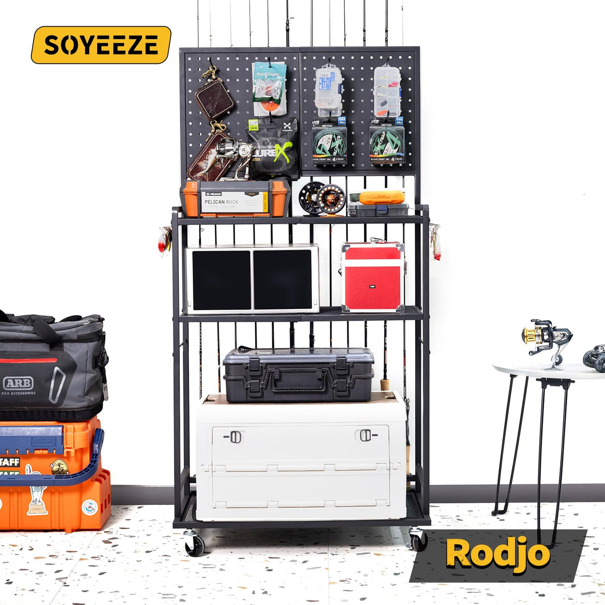 SOYEEZE Large Size Fishing Rod Holders for Garage, 3-Tier Fishing Pole Rack with Pegboard and Hooks, Fishing Gear Tackle Box Organizer Up to 12 Rods, Rolling Fishing Storage Cart with Lockable Wheels SOYEEZE