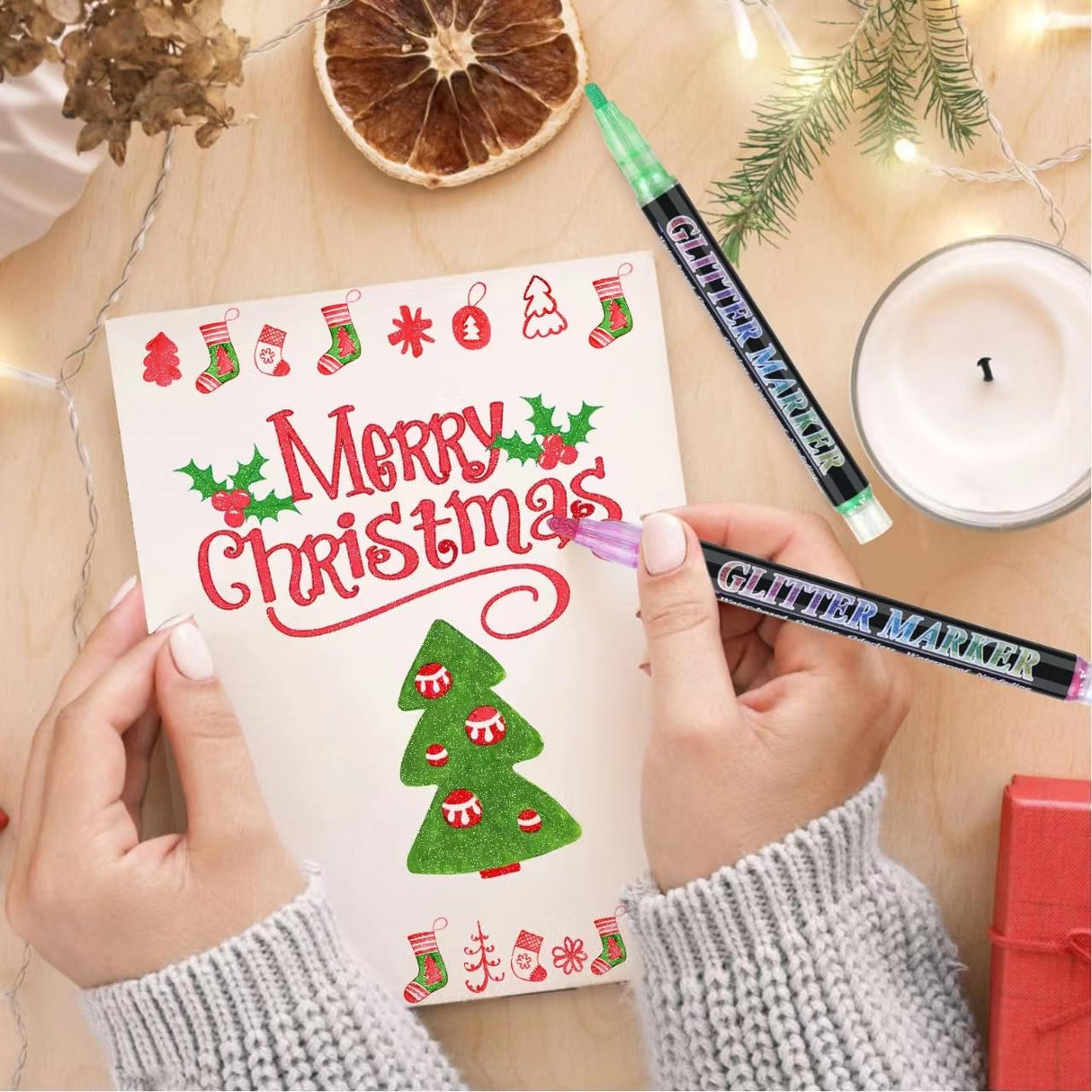 OLINGYOU Glitter Marker Pens,24 Colors Self-Shimmer Metallic Markers,Glitter Paint Pens DIY Crafts Greeting Birthday Cards, Making Poster,Album,Scrapbooking,Wood,Mugs OLINGYOU