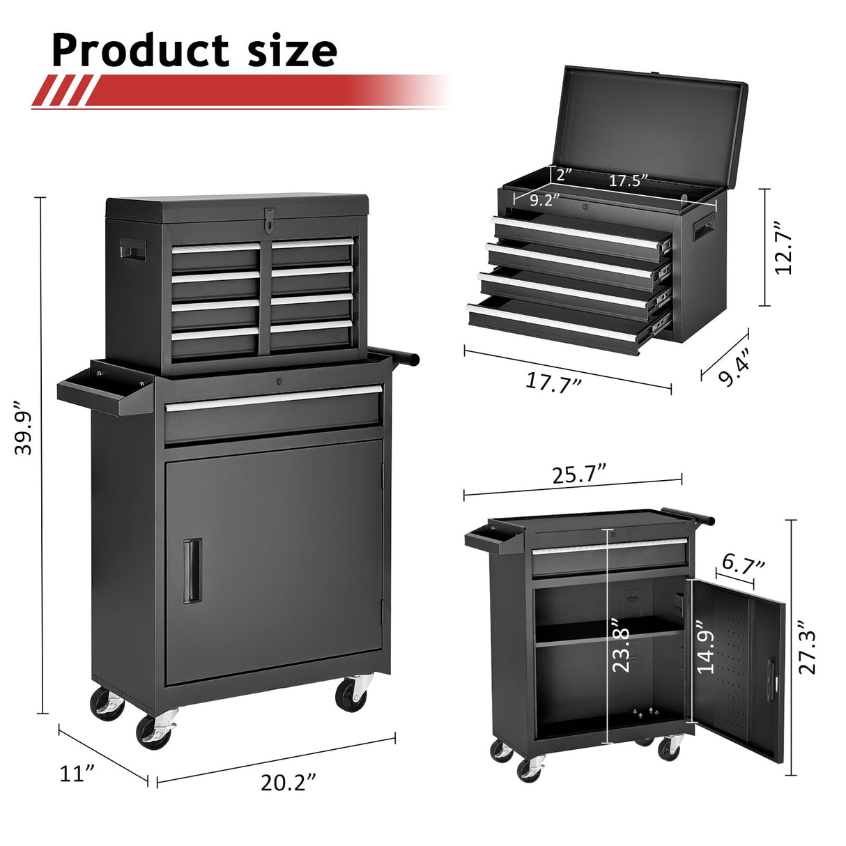 AirWire Tool Chest,5-Drawer Rolling tool Storage Cabinet with Enhanced Packaging, Detachable Top Tool Box, Metal Tool Cart for Garage Workshop,Black AirWire